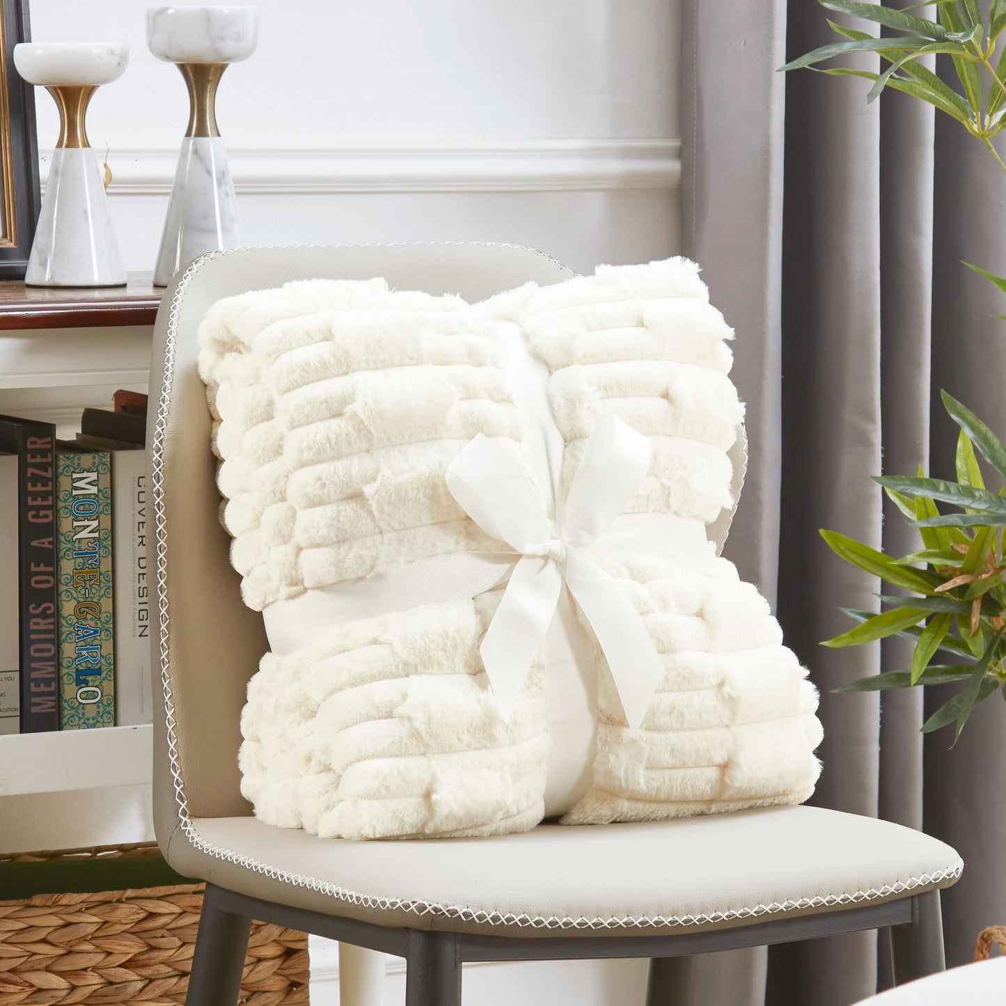 JONIYEAR Soft Fluffy Striped Faux Rabbit Fur Throw Blanket for Couch 50" x 60", Decorative 3D Geometric Warm Fuzzy Fur Blankets for Winter, Reversible Shaggy Cozy Furry Blanket for Sofa, Cream White