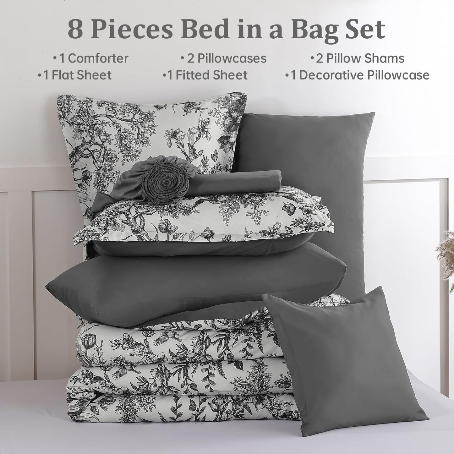 Dinjoy Queen Comforter Set - 8 Pieces Floral Comforter Set Black and White, Bed in a Bag Queen with Botanical Print, Winter Soft Comforter Bedding Set with Sheets (Comforter 90"x90")