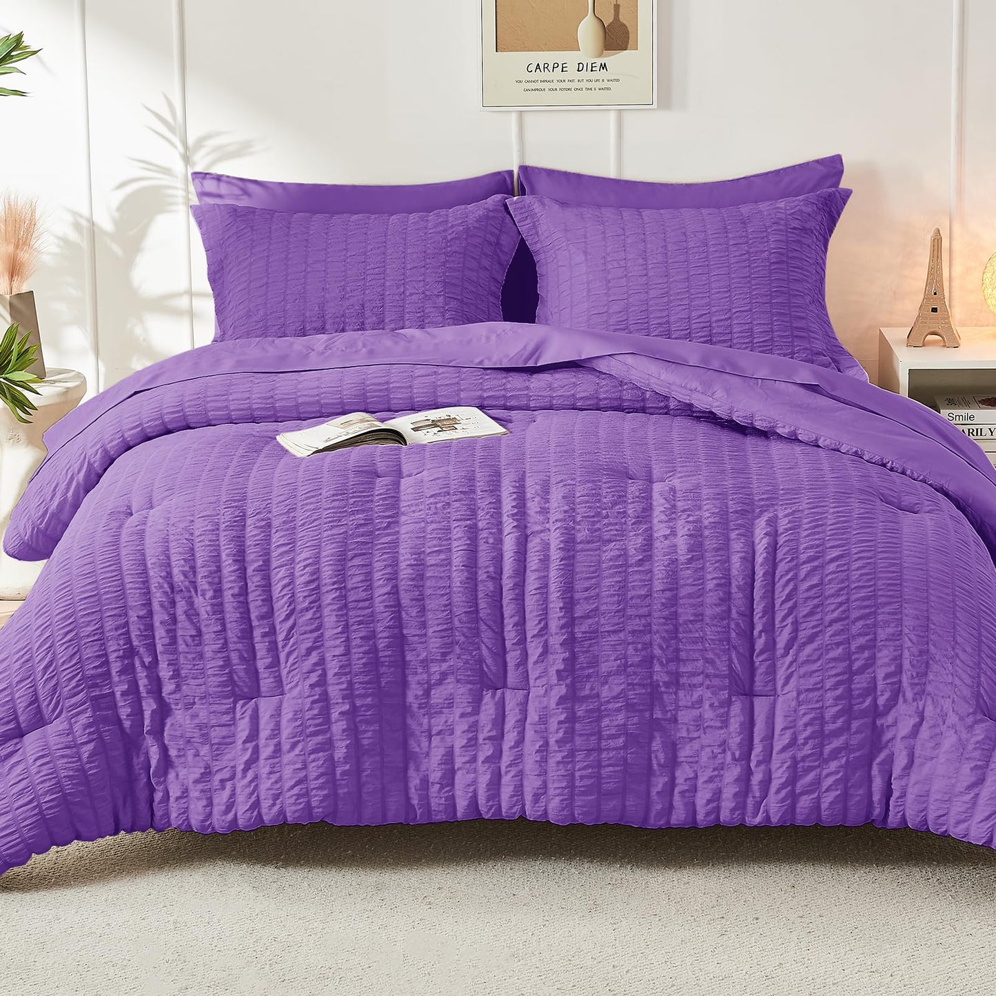 HYMOKEGE Bright Purple Twin Comforter Set Seersucker 5 Pieces, All Season Luxury Bed in a Bag for Bedroom, Bedding Set with Comforter, Sheets, Pillowcase & Sham