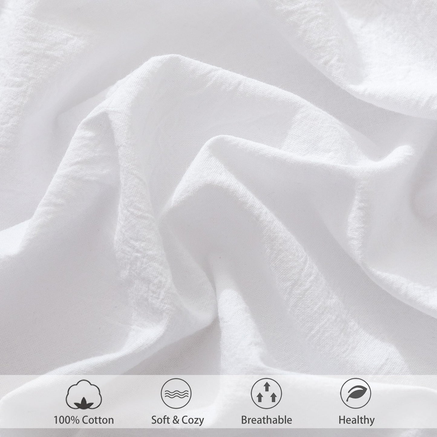 MooMee Fitted Bottom Sheet Only 100% Washed Cotton Linen Like Textured Breathable Durable Soft Comfy Deep Pocket Fits Mattress up to 17" (Bright White, Queen)