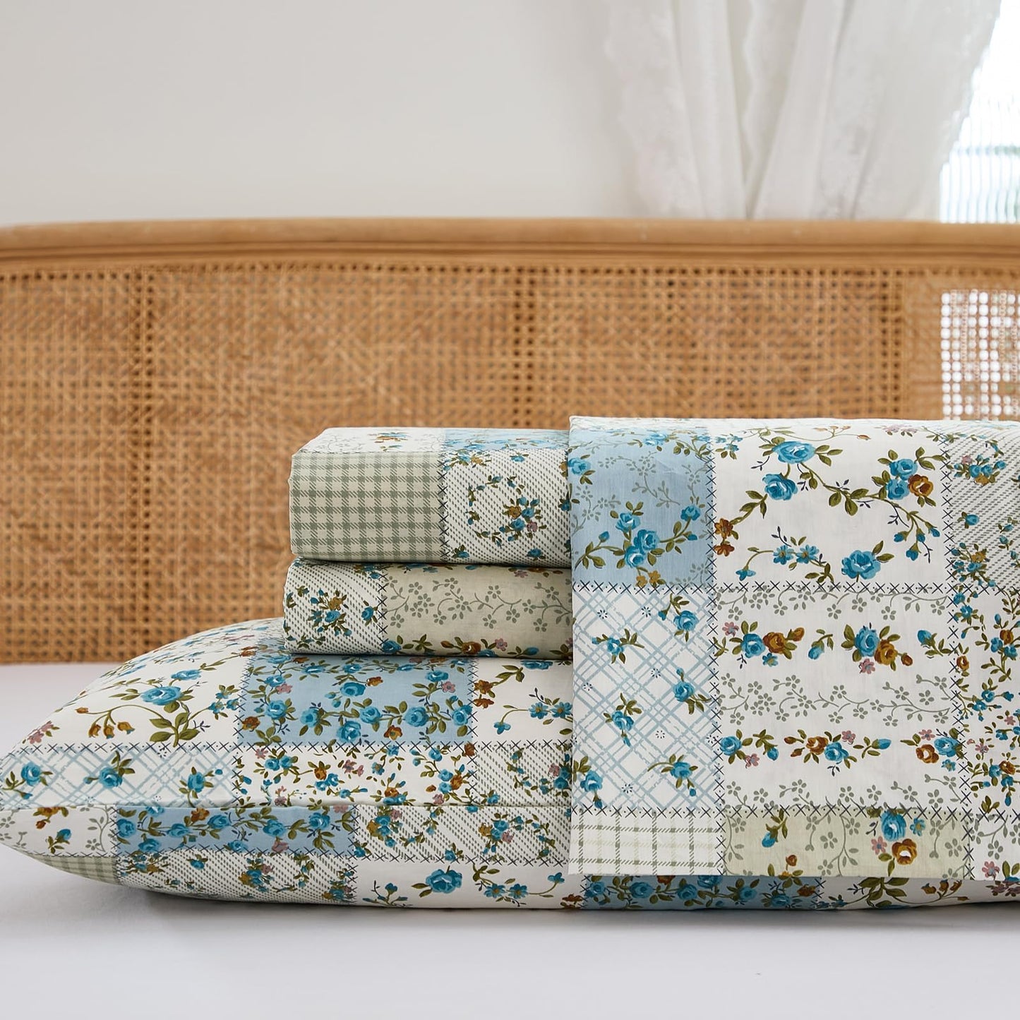 Cozaline Shabby Chic Floral Patchwork Sheets Set Queen Size, Crisp Cooling Sheets with a Smooth Cotton Percale Lightweight Feel, 4 Pieces Luxury Soft Deep Pocket Fitted Sheet 17.5''