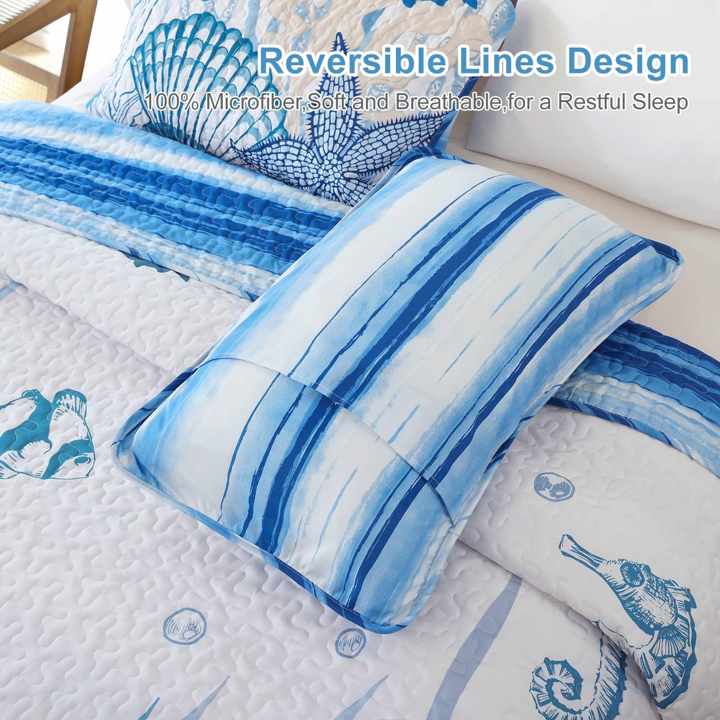 DJY Coastal King Size Quilt Set 3 Piece, Reversible Microfiber Ocean Quilt with 2 Shams Nautical Bedding Set Beach Bedspread Coverlet Summer Lightweight Comforter Set for All Season, 110"x90"