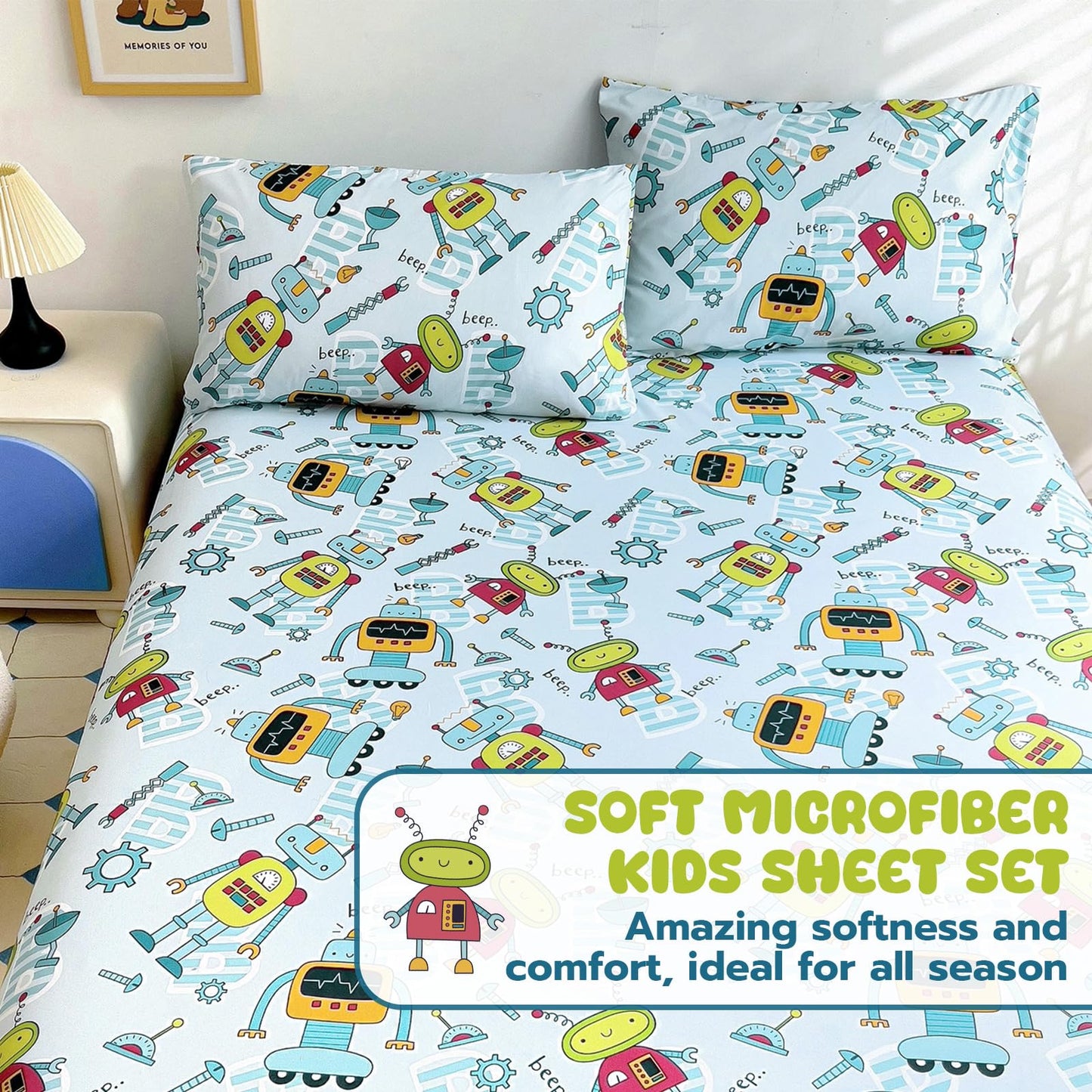 Homilay Full Sheet Set Kids - Old-Fashioned Robot 4 Pieces Soft Microfiber Cartoon Style Bedsheets for Boys Girls Teens, Oeko TEX Breathable 15 Inch Deep Pocket Sheets(Robot)