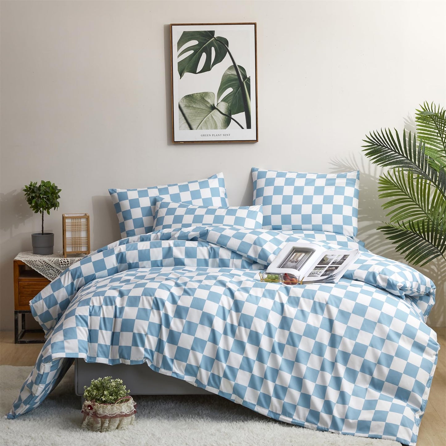 KAREVER Blue White Grid Comforter Set Full Blue Plaid Bedding Set Girls Blue White Checkered Bed Blanket Set Kids Durable Breathable Bedding Comforter Set