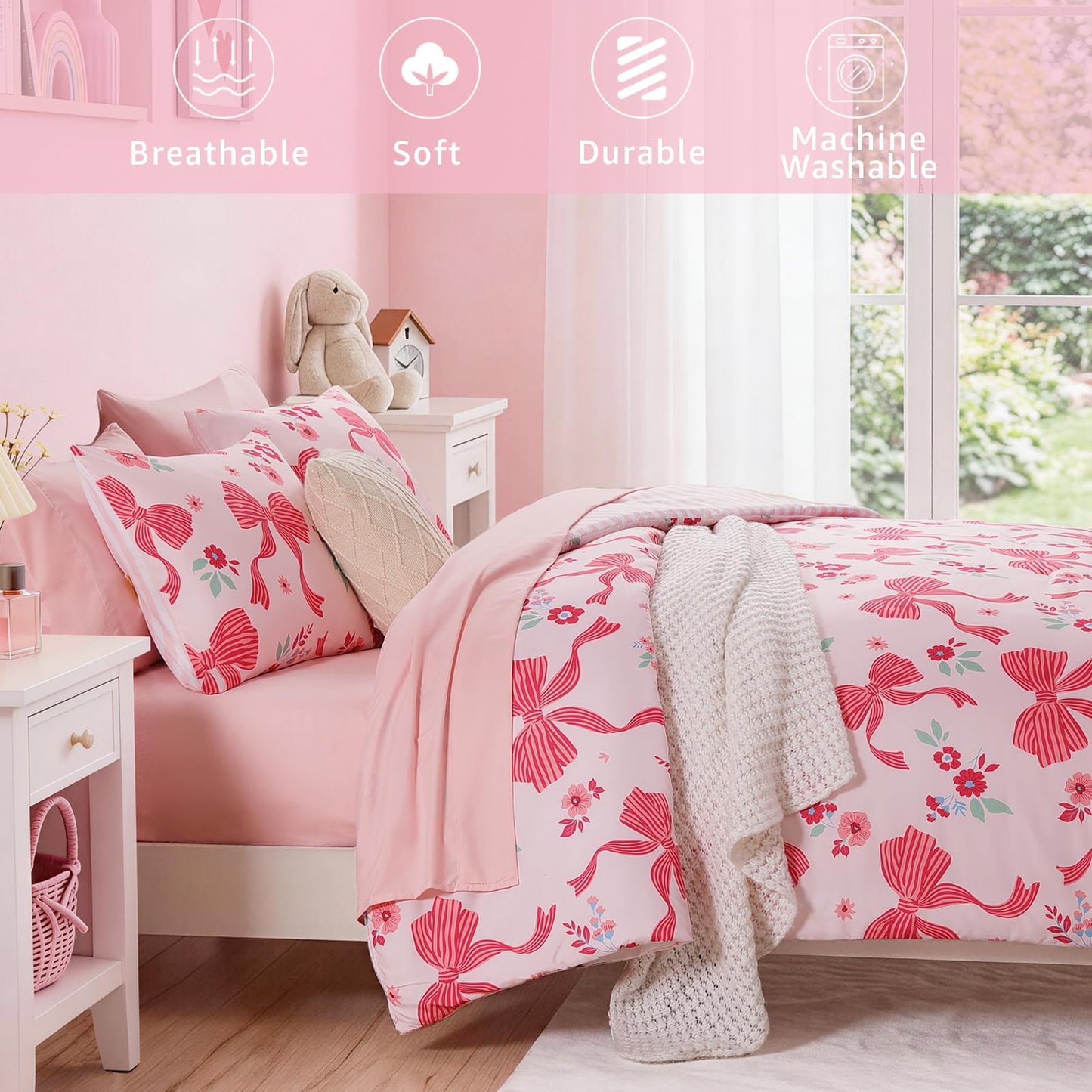 AMBERSPACE Twin XL Comforter Set for Girls, Pink Bow Bedding Set with Cute Floral, All Season Kids Dorm Bed in a Bag 5 Pieces with Sheets, Pillowcase & Sham