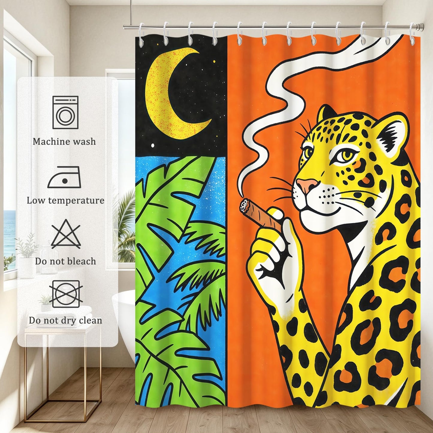 GICDSU Funny Leopard Shower Curtain with Hooks, Whimsical Abstract Tropical Shower Curtain for Bathroom,Waterproof Modern Fun Unique Shower Curtain with Smoking Cheetah Palm Moon Print, 72" x 72"