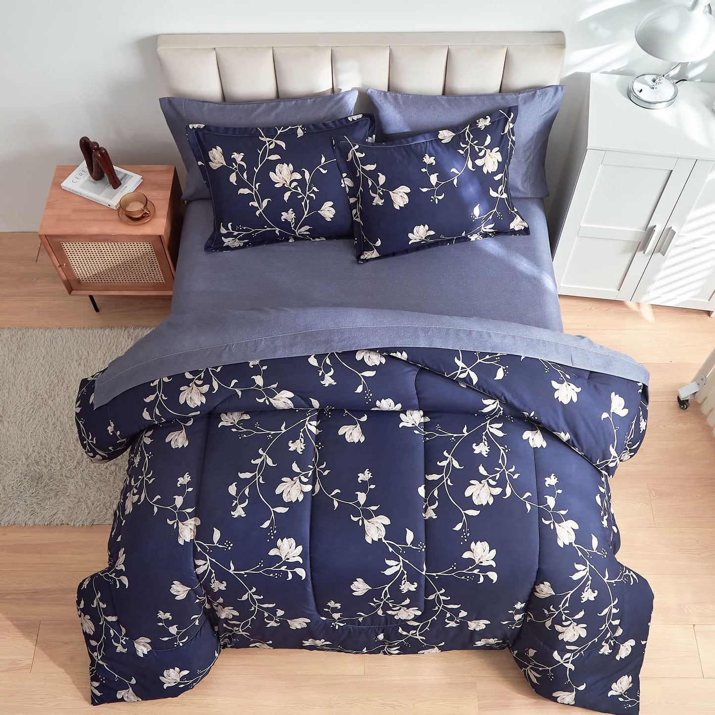 AIKASY Bed in a Bag Queen Comforter Set,7 Pieces Floral Comforter Set Bedding Sets with (1 Comforter, 2 Pillow Shams, 1 Flat Sheet, 1 Fitted Sheet, 2 Pillowcases) (Navy, Queen)