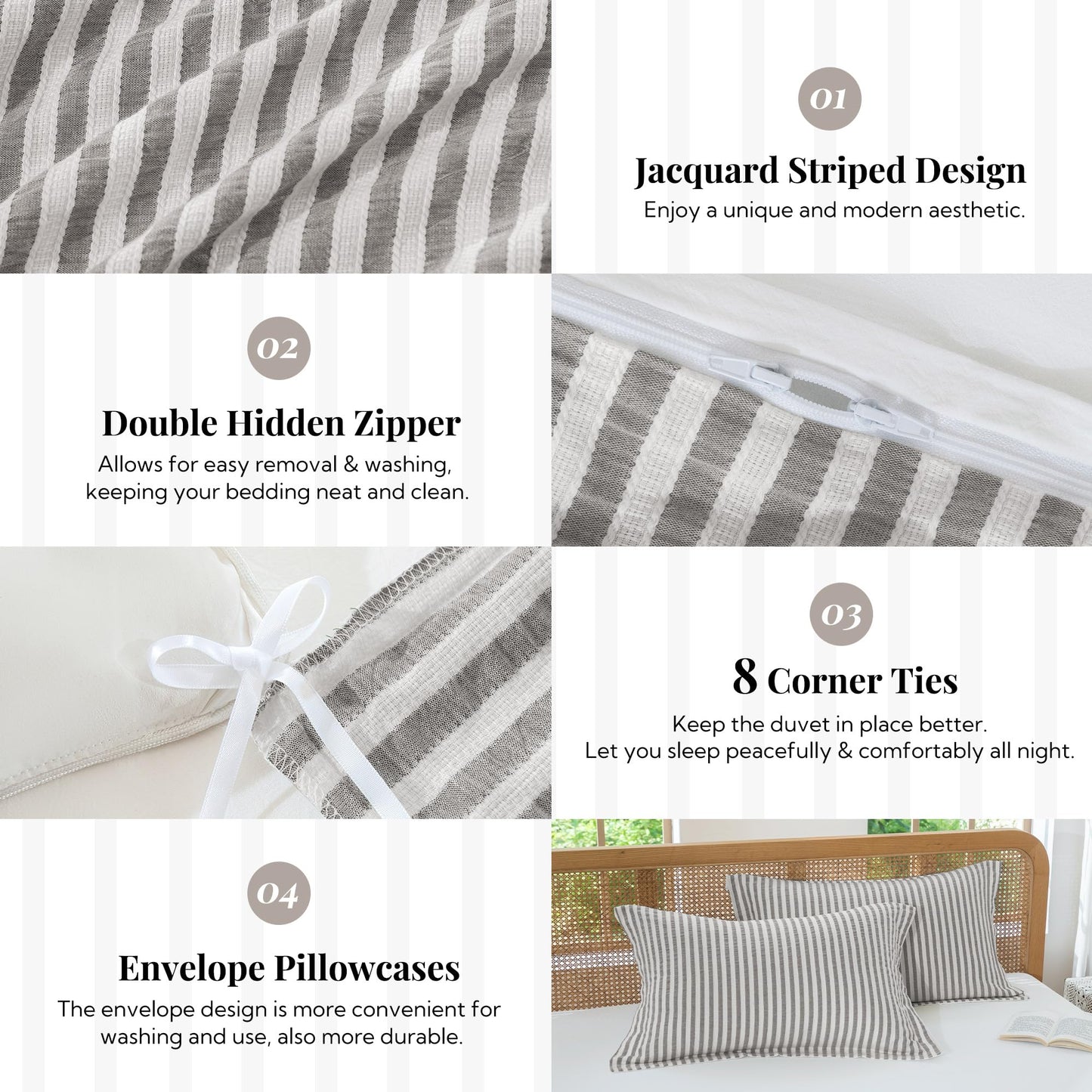 MILDLY Striped Duvet Cover - 100% Washed Cotton Textured Comforter Cover Set 3pcs with Dual Zipper Closure & 8 Corner Ties Soft & Lightweight for All Season 90"x90"
