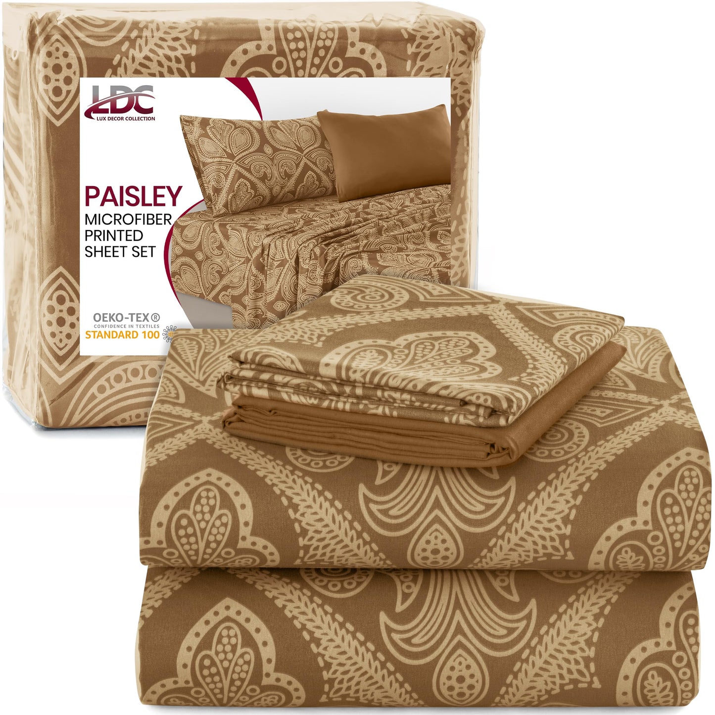 Ultra Soft Wrinkle-Free Microfiber Paisley Sheet Twin XL Set, Cute Floral Pattern Boho Print – 16" Deep Pocket Fitted Sheet, Flat Sheet & 2 Pillowcases, Breathable, OEKO-TEX - Brown