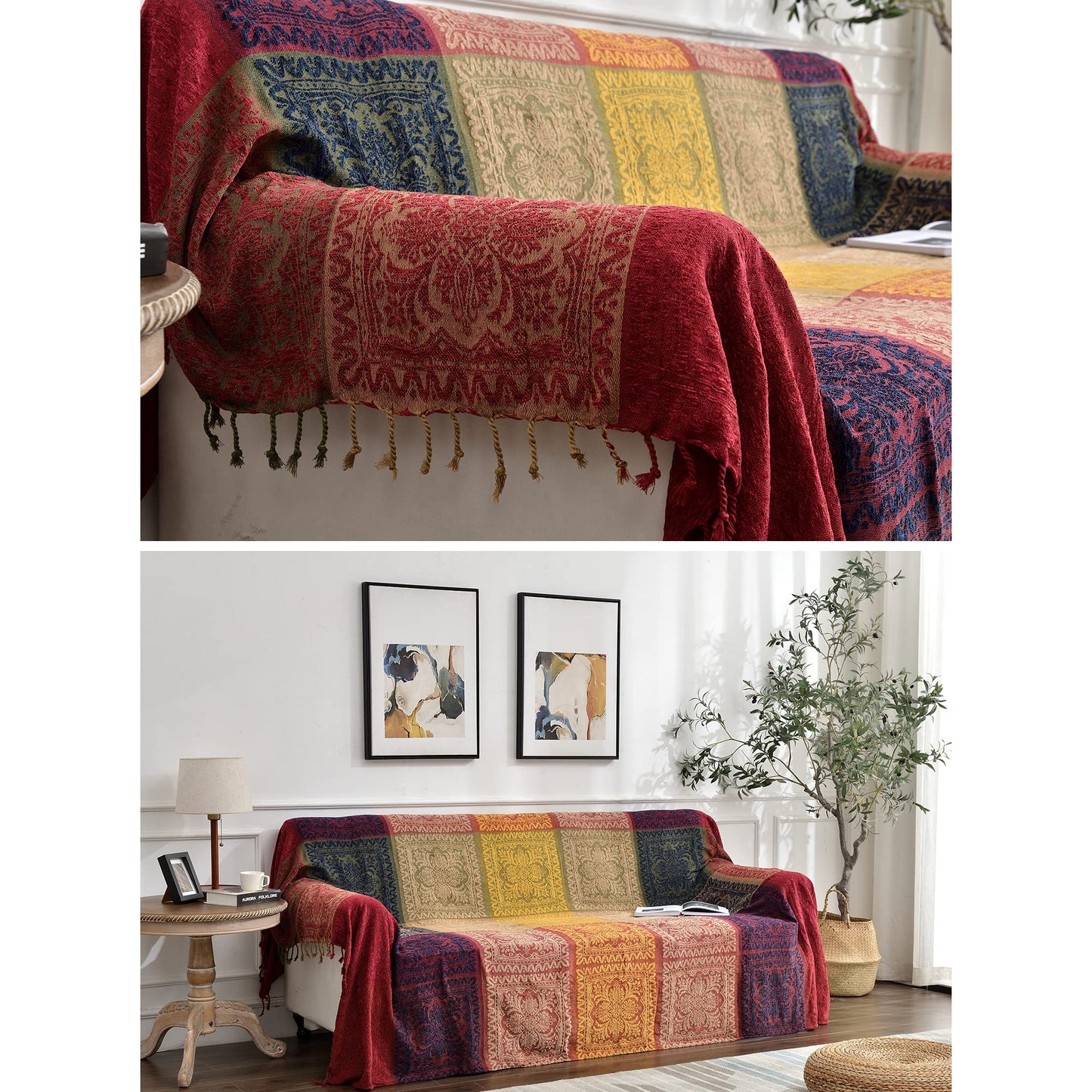 Boho Throw Blanket, Chenille Jacquard Tassels Throw Blankets for Bed Couch Soft Chair, Bohemian Fringe Tassels (Red, S:60x75