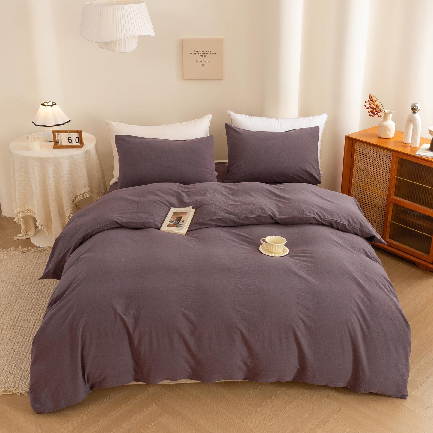 ECOCOTT Lilac Purple Duvet Cover Queen, 100% Washed Cotton 3 Piece Duvet Cover Sets 1 Duvet Cover with Zipper and 2 Pillowcases Bedding Set(Lilac Purple,Queen)