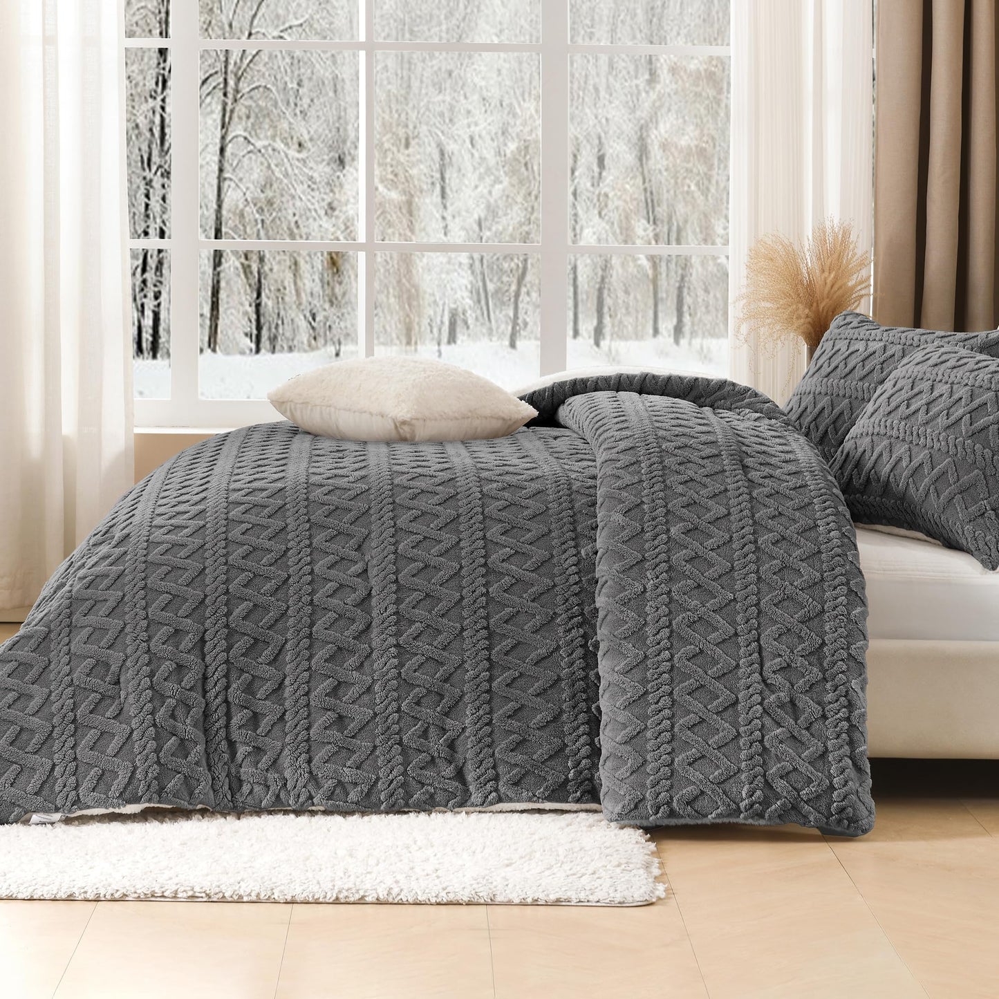 Andency Fluffy Sherpa Full Comforter Set Grey, Super Soft Gray Fleece Warm Bedding for Winter, Luxury Jacquard Boho Thick Fuzzy Plush Bed Set 3 Pieces(1 Shaggy Comforter, 2 Pillowcases)