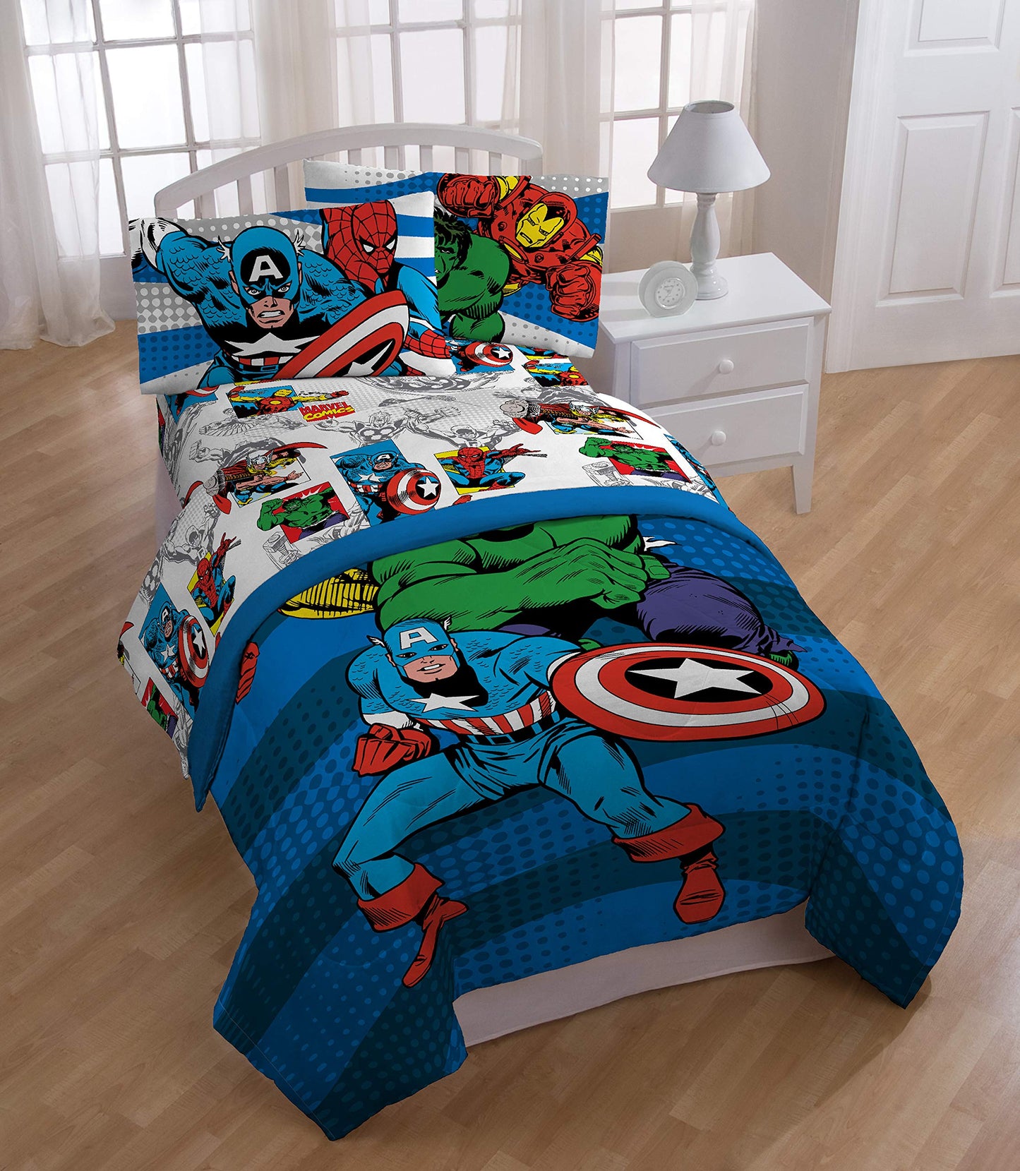 Jay Franco Kids Sheet Set with Fitted, Flat Sheets & Pillow Cover - Ultra-Soft Bedding with Pillowcase for Room Decor, White - Avengers, 3 Piece Twin