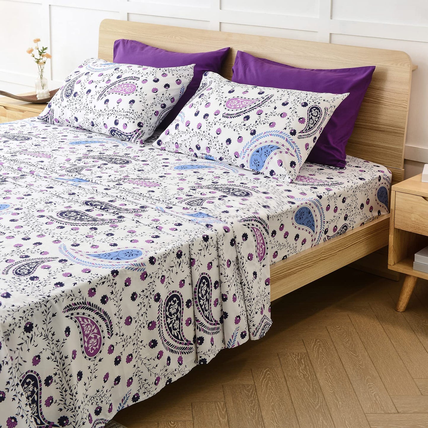 JSD 6 Piece Paisley Printed Sheet Set King Size, Soft Purple Pattern Microfiber Bed Sheets Deep Pocket