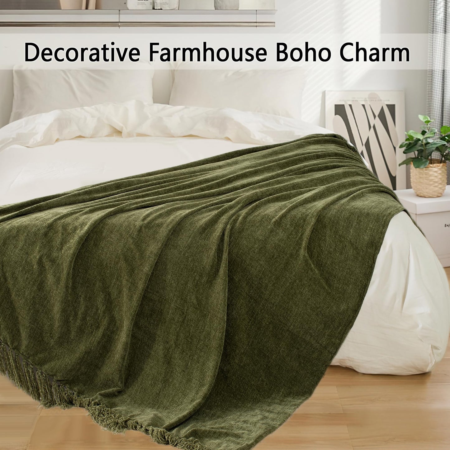 LONG CREATE Chunky Knit Throw Blanket Bundle Chenille Throw Blanket, 50"X 60" Olive Green
