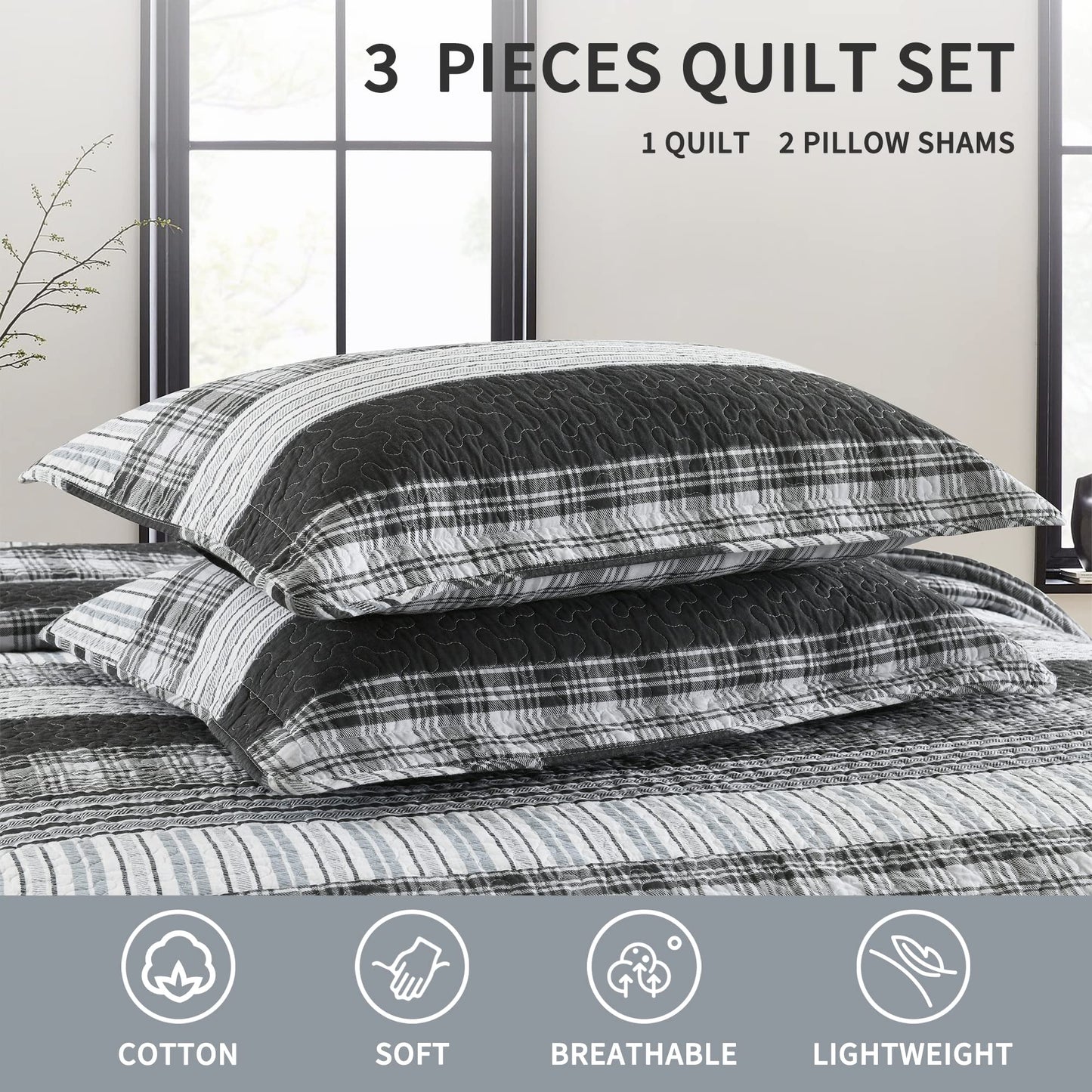 Homzard King Size Comforter - 100% Cotton, Black White Striped King Quilt Bedding Set,Black Grey Plaid Striped Bedding King,Farmhouse Lightweight Comforter for Bed,All Season