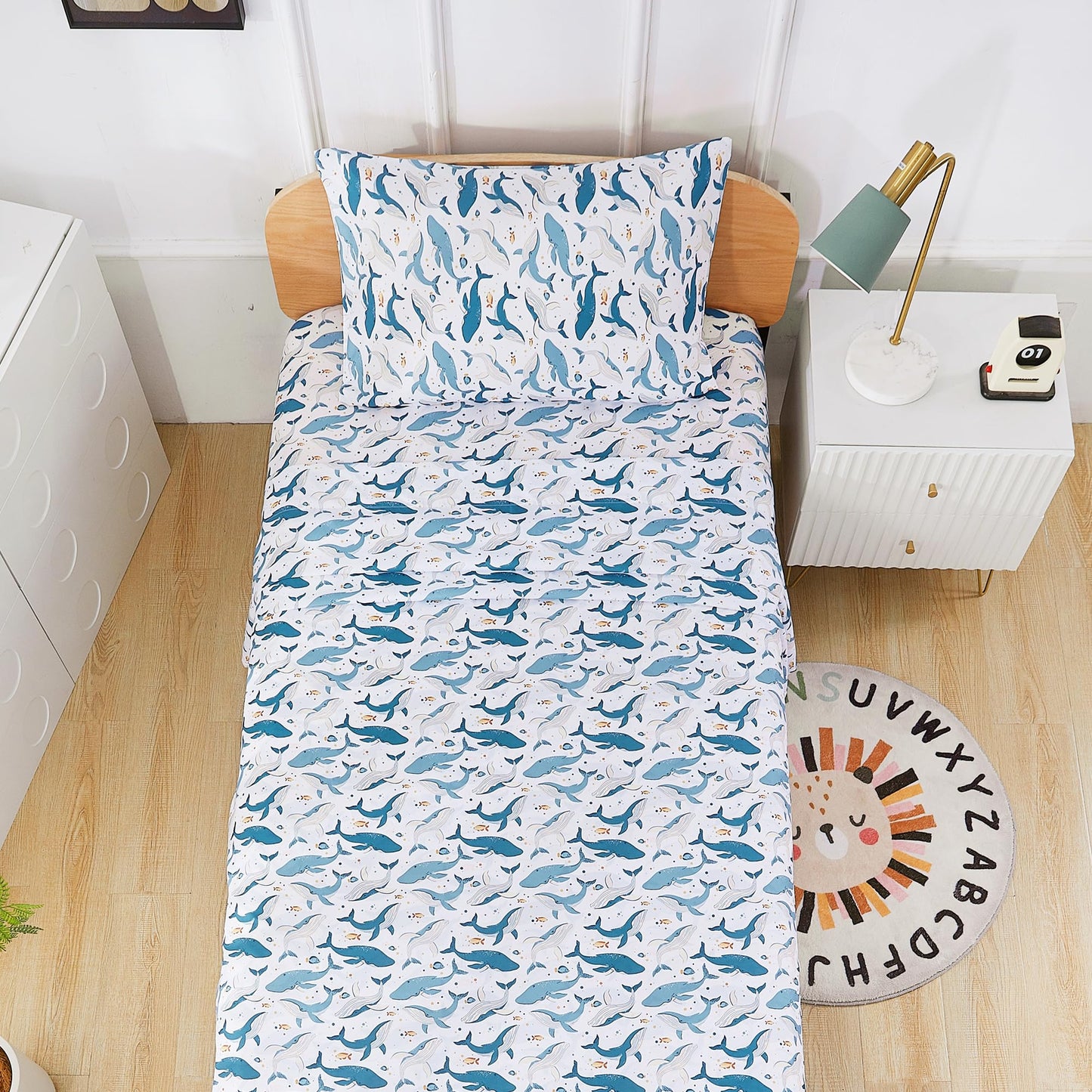 lasoftan Kids Sheet Set Twin Size, Twin Sheet Set with Marine Whales Pattern,Breathable Silky Soft Microfiber Kids Fitted Sheet