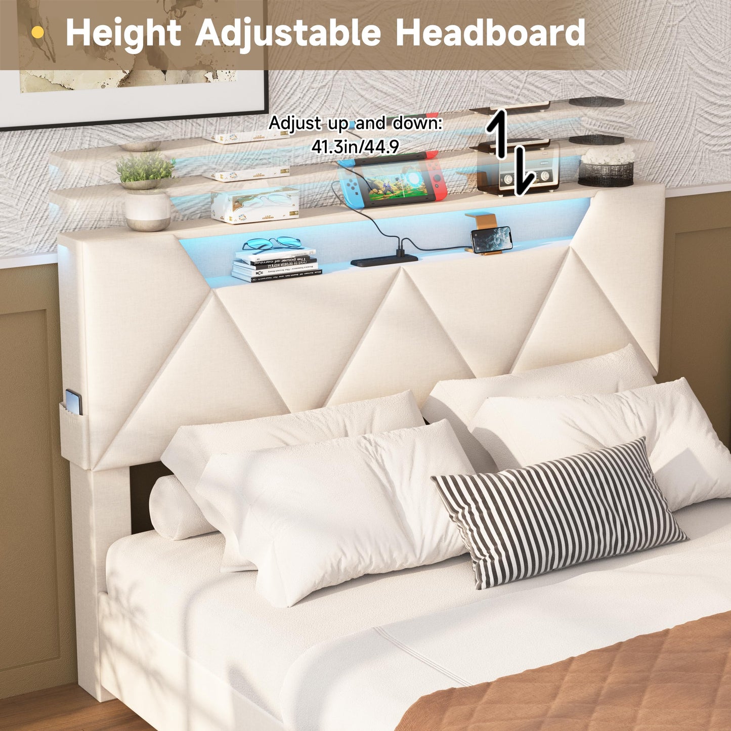 Vabches Full Bed Frame with Storage Headboard and 4 Drawers,Upholstered Platform with Charging Station and Led Lights,Adjustable Headboard,No Box Spring Needed,Beige