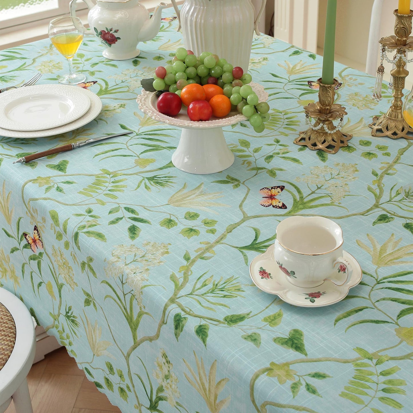 HOMOHEINI Rectangle Waterproof Tablecloth Linen Textured Table Cloth,Stain and Wrinkle Resistant Washable Fabric Table Cover for Dining, Party, Camping and Outdoor, 52 x 70 Inch, Green Leaves