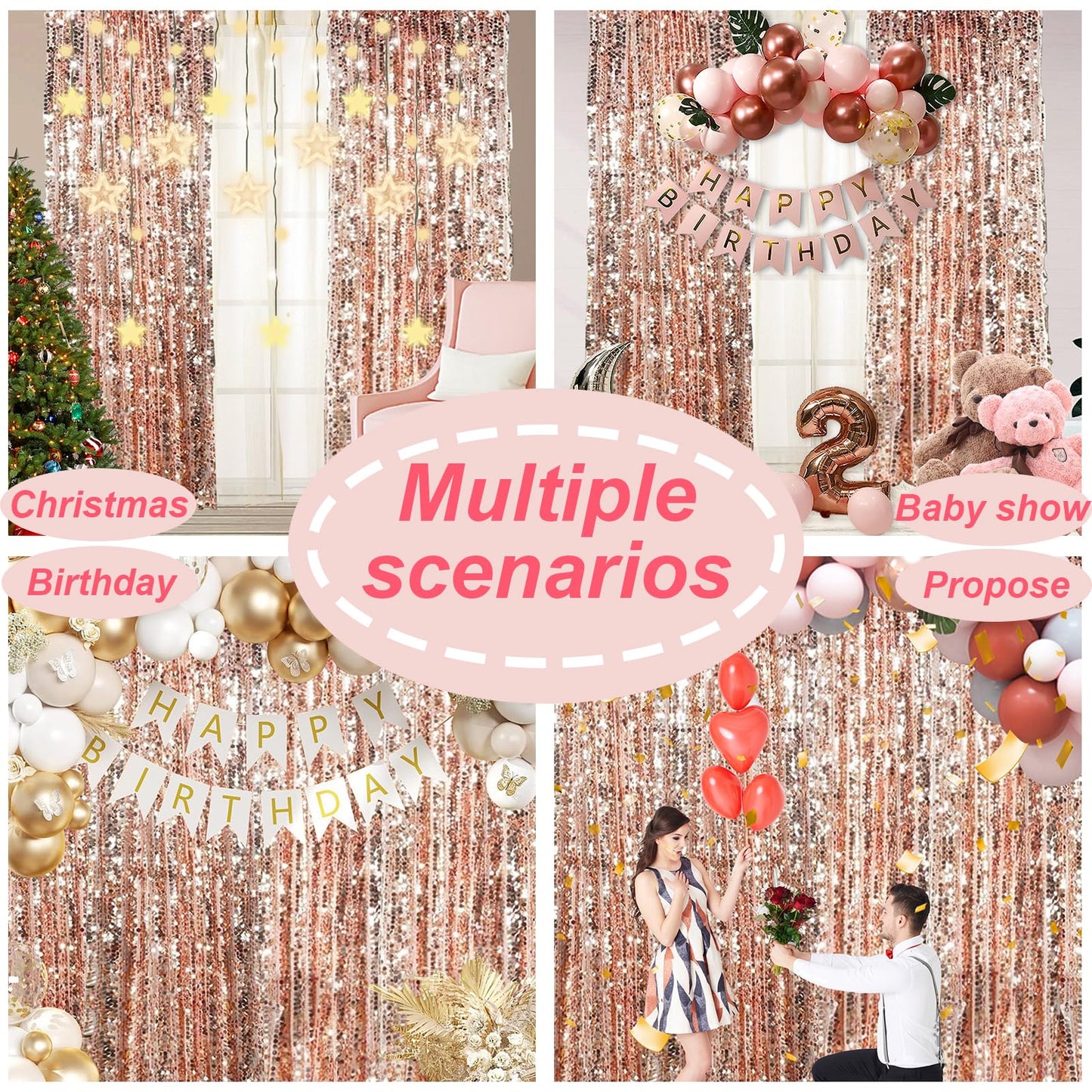 SFN SKY Big Sequin Rose Gold Drapes Curtains Panels Payette Sequin Backdrop Curtains Home Party Decoration Supplies 9FTx9FT for Thanksgiving Christmas Decor