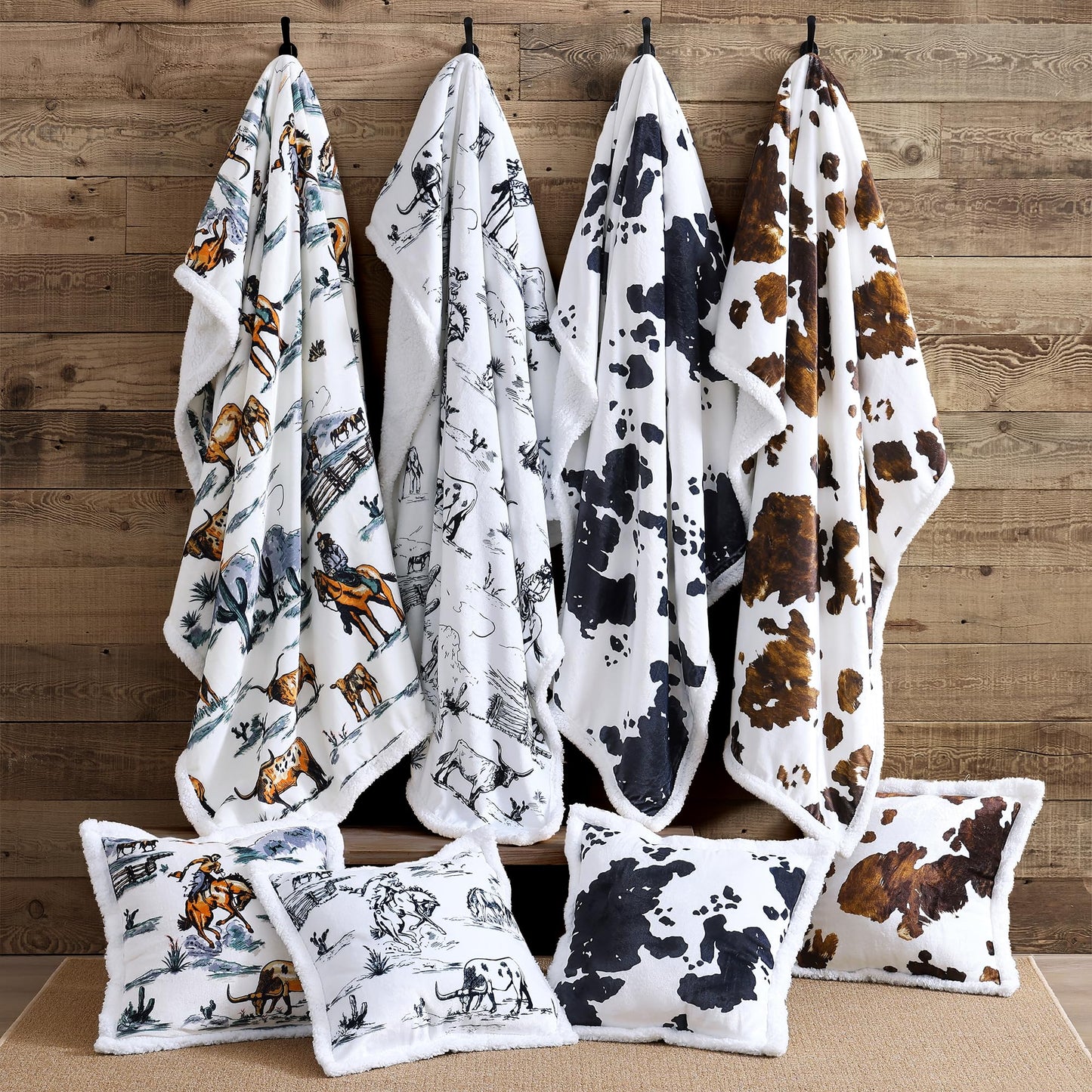 Paseo Road Indigo Hill by HiEnd Accents Ranch Life 3 Piece Sherpa Throw Blanket Set, White Black Cowboy Cow Longhorn Horse Print Fleece Throw Set, Western Rustic Style, 1 Throw and 2 Pillows