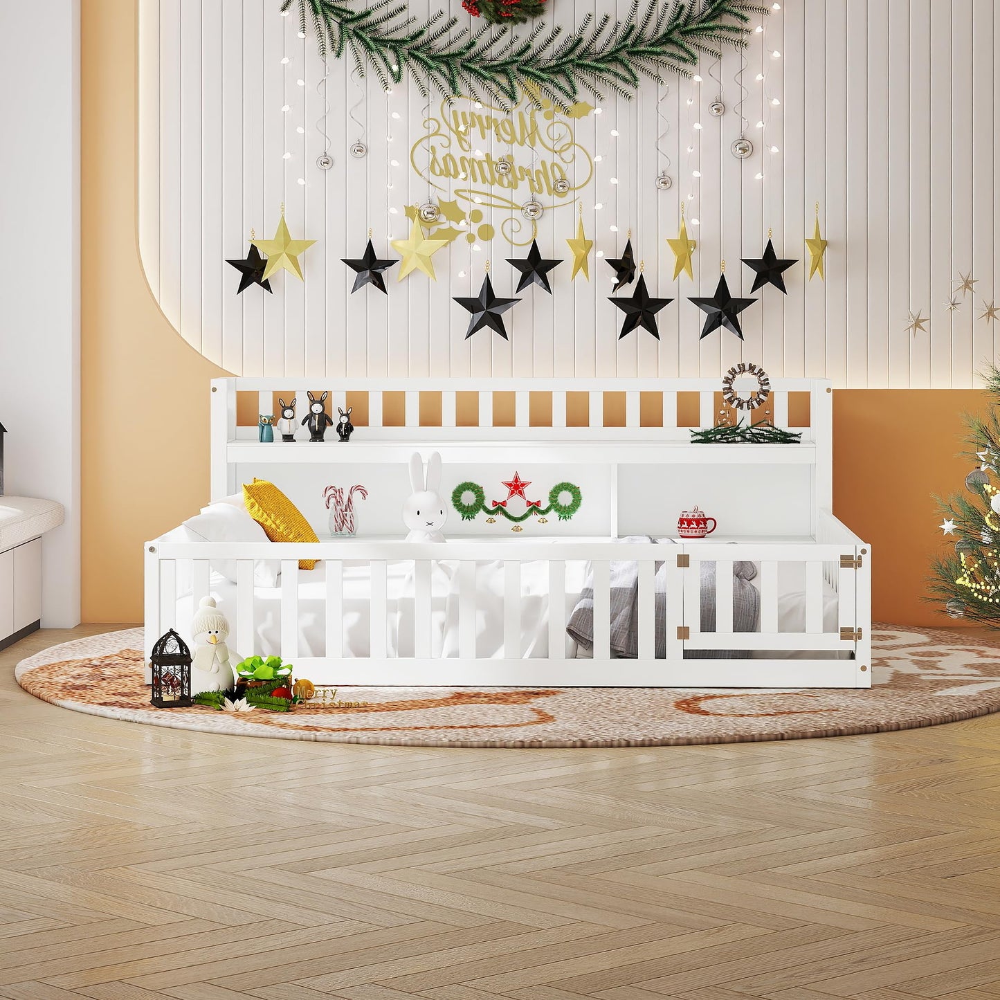 mikibama Full Size Montessori Floor Bed with Bookcase for Kids, White
