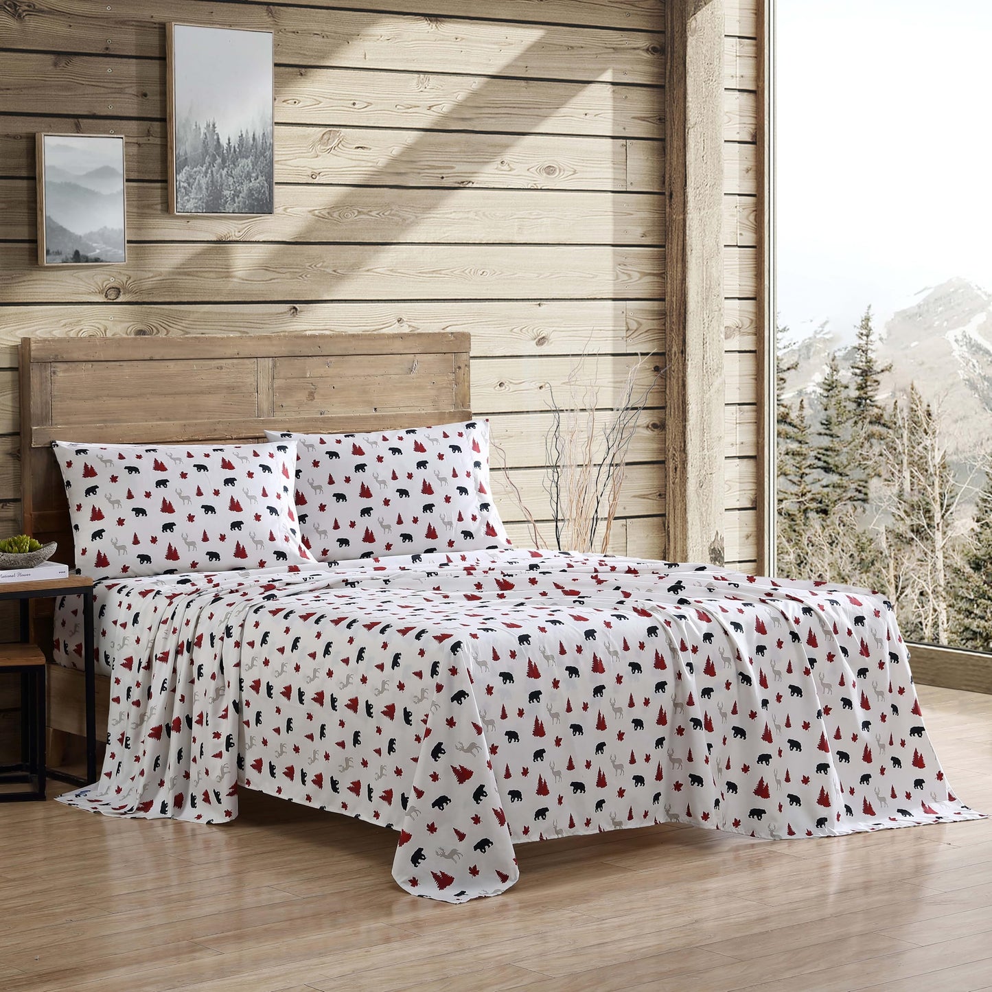 Beatrice Home Fashions Cozy Cabin 3-Piece Twin Microfiber Bedding Sheet Set with Deep Pockets Rustic Patchwork Plaid Deer, Red/Black