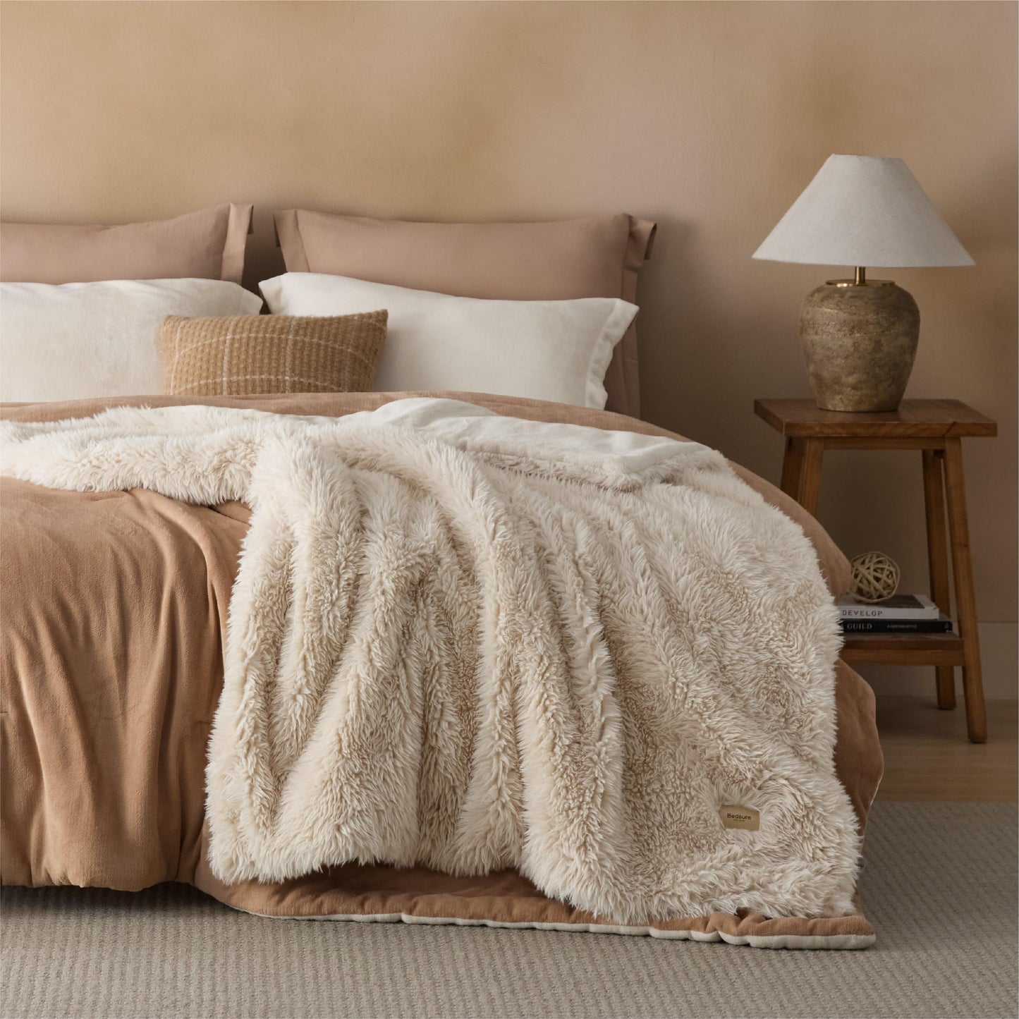 Bedsure GentleSoft Luxury Faux Fur Beige Throw Blanket for Couch, Extra Soft Fuzzy Fluffy Shaggy Blanket Gifts for Women, Warm Cozy Plush Comfrt Fleece Throw for Room Decor, 50x60 Inches