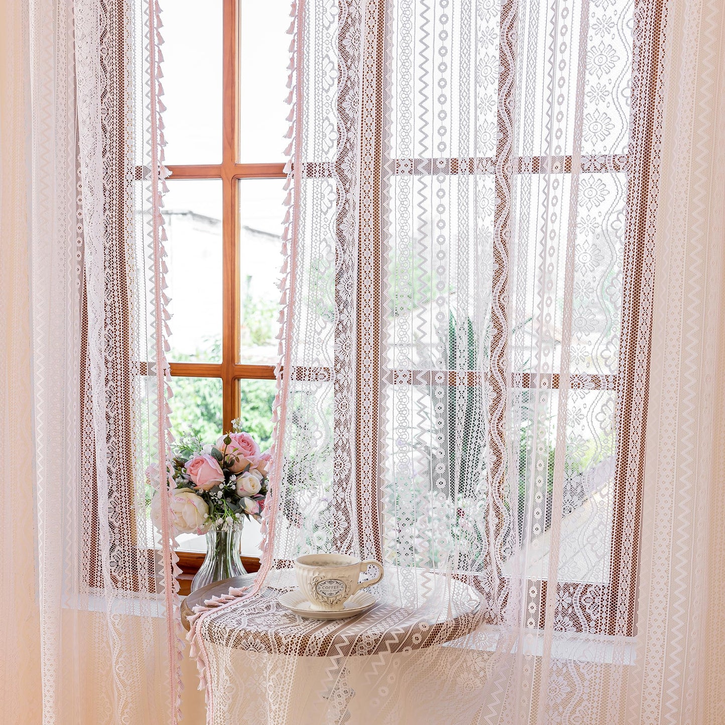 MYSKY HOME Pink Sheer Lace Curtains 2 Panels 90 inch Length for Girls Room Nursery Boho Vintage Floral Crochet Pattern Privacy Rod Pocket Tassels Small Windows Curtains, Wide 55 inch, 2 PCs