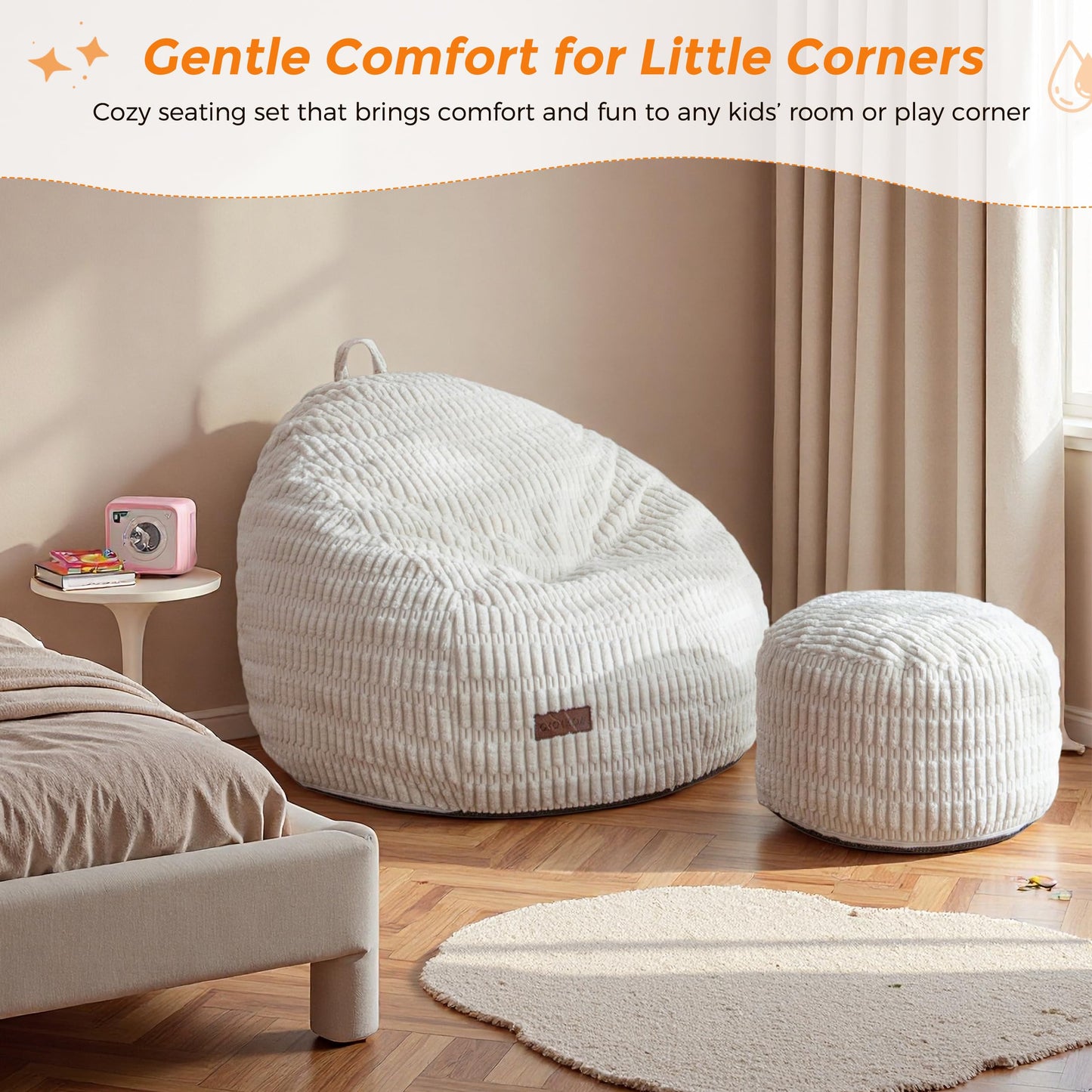 MAXYOYO Kids Bean Bag Chair with Ottoman, Soft Floor Bean Bag Sofa, Beige