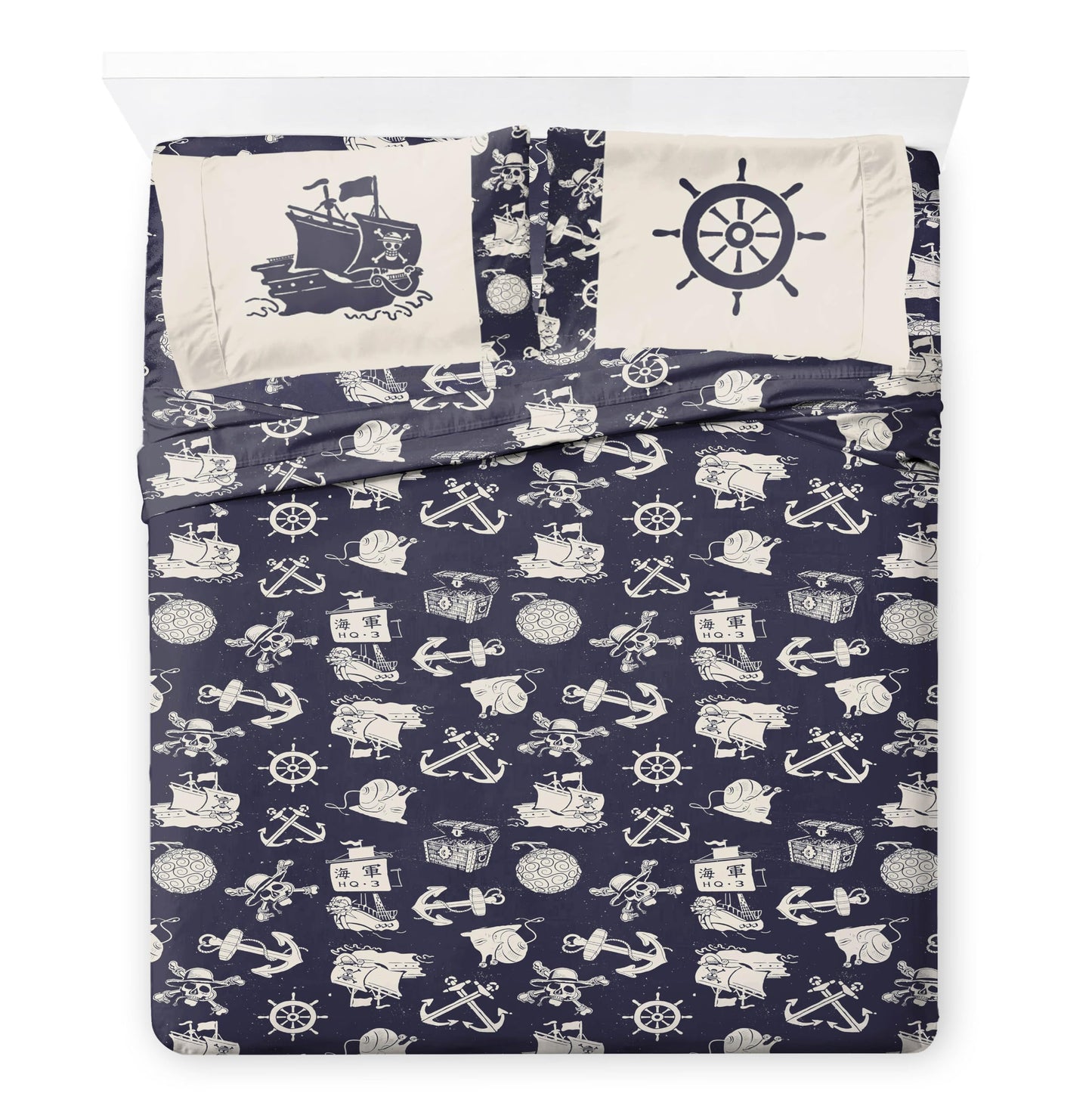 Jay Franco One Piece Full Size Comforter Set - 7 Piece Blue Bedding Includes Sheet Set & Pillow Covers - Super Soft Anime Bedding with Skull and Bones