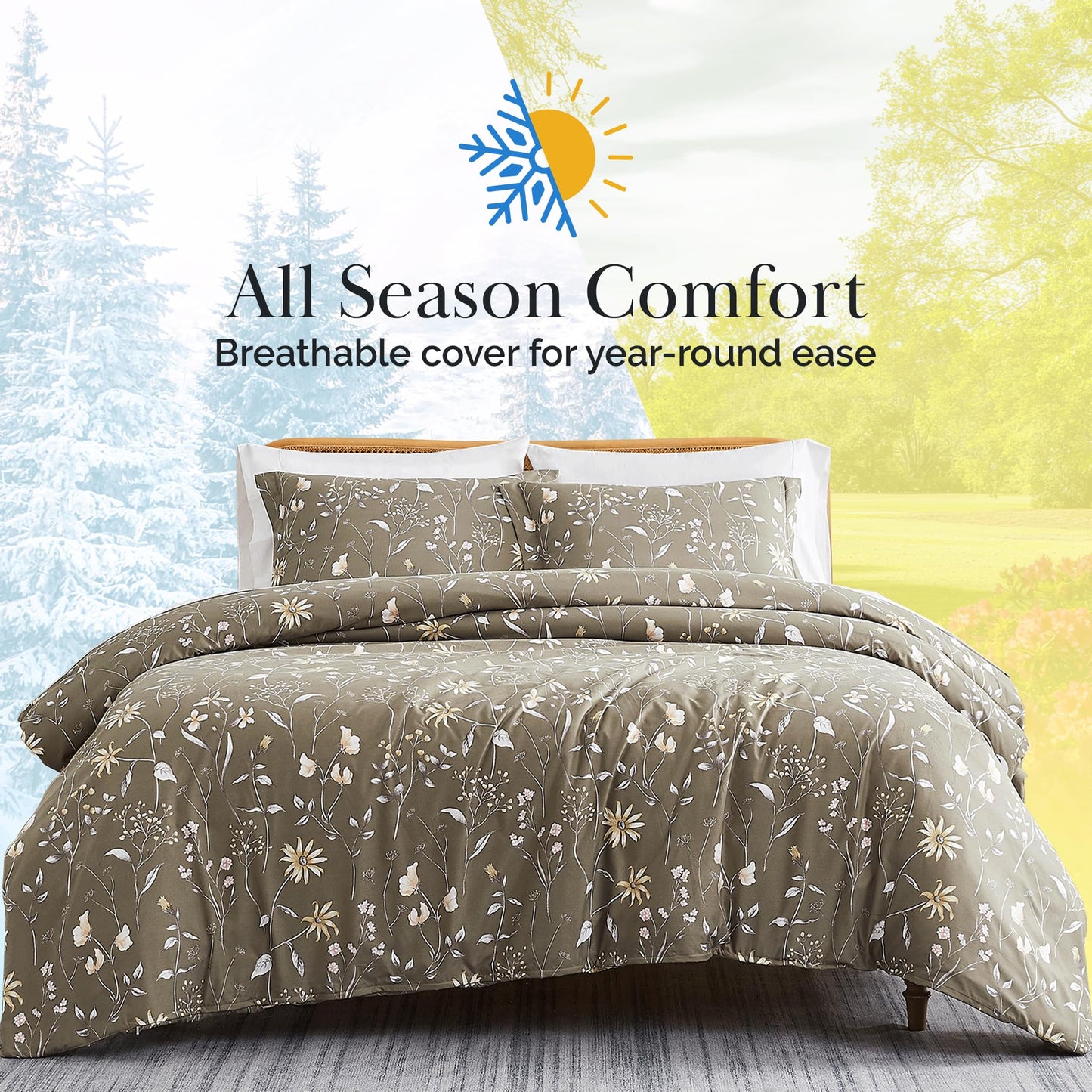 Southshore Fine Living, Inc. Oversized Floral Cal King Duvet Cover Set, Oversized Boho Brown Duvet Cover King, Pet Hair Resistant Bedding for Easy Care, 2 Pillow Shams - Secret Meadow Olive-Brown