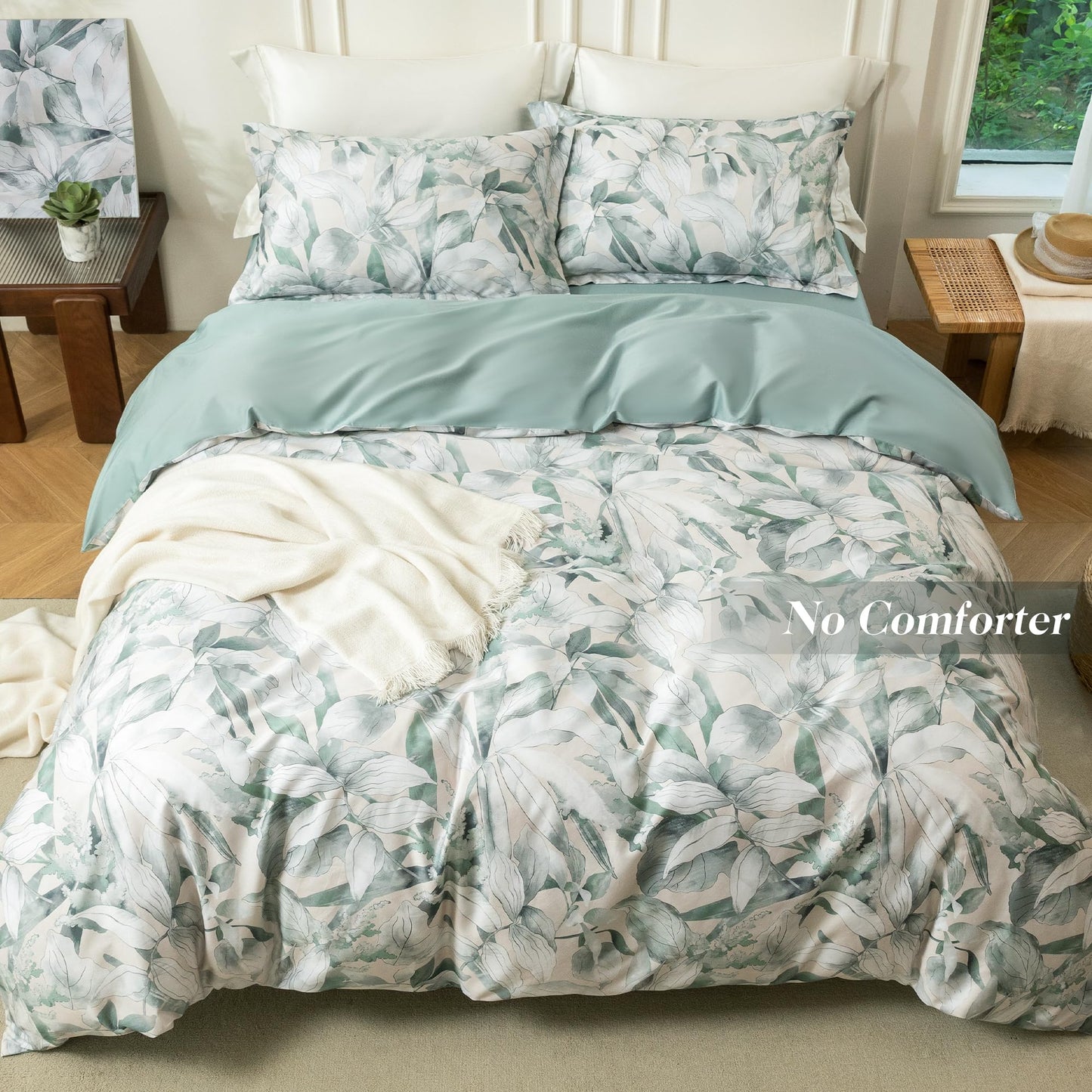MILDLY Queen Duvet Cover Set - 100% Long-Staple Cotton Sage Green Leaves Patten Reversible Comforter Cover - 3Pcs Soft Breathable Luxury Bedding for All Season