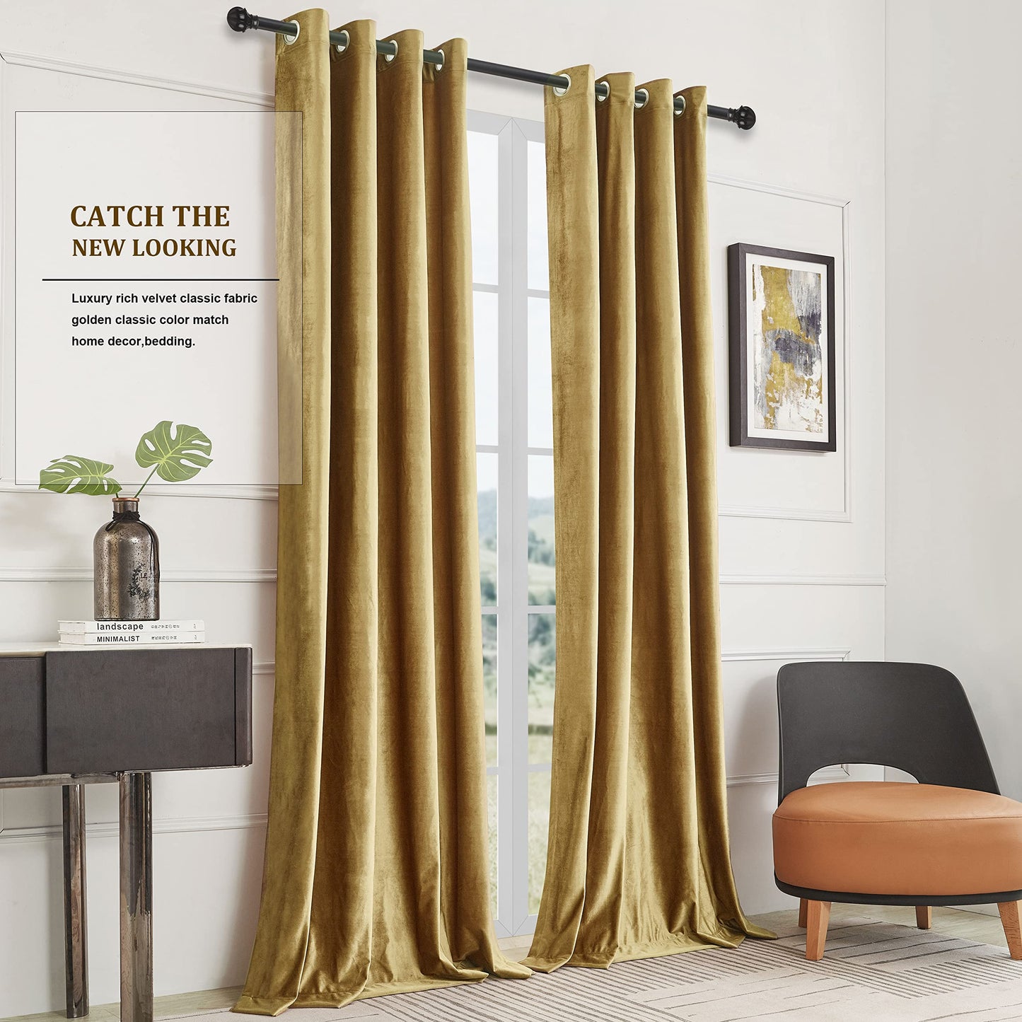 BULBUL Velvet Gold Curtains 84 inch Length- Living Room Blackout Thermal Window Drapes Darkening Decor Grommet Curtains for Bedroom Set of 2 Panels