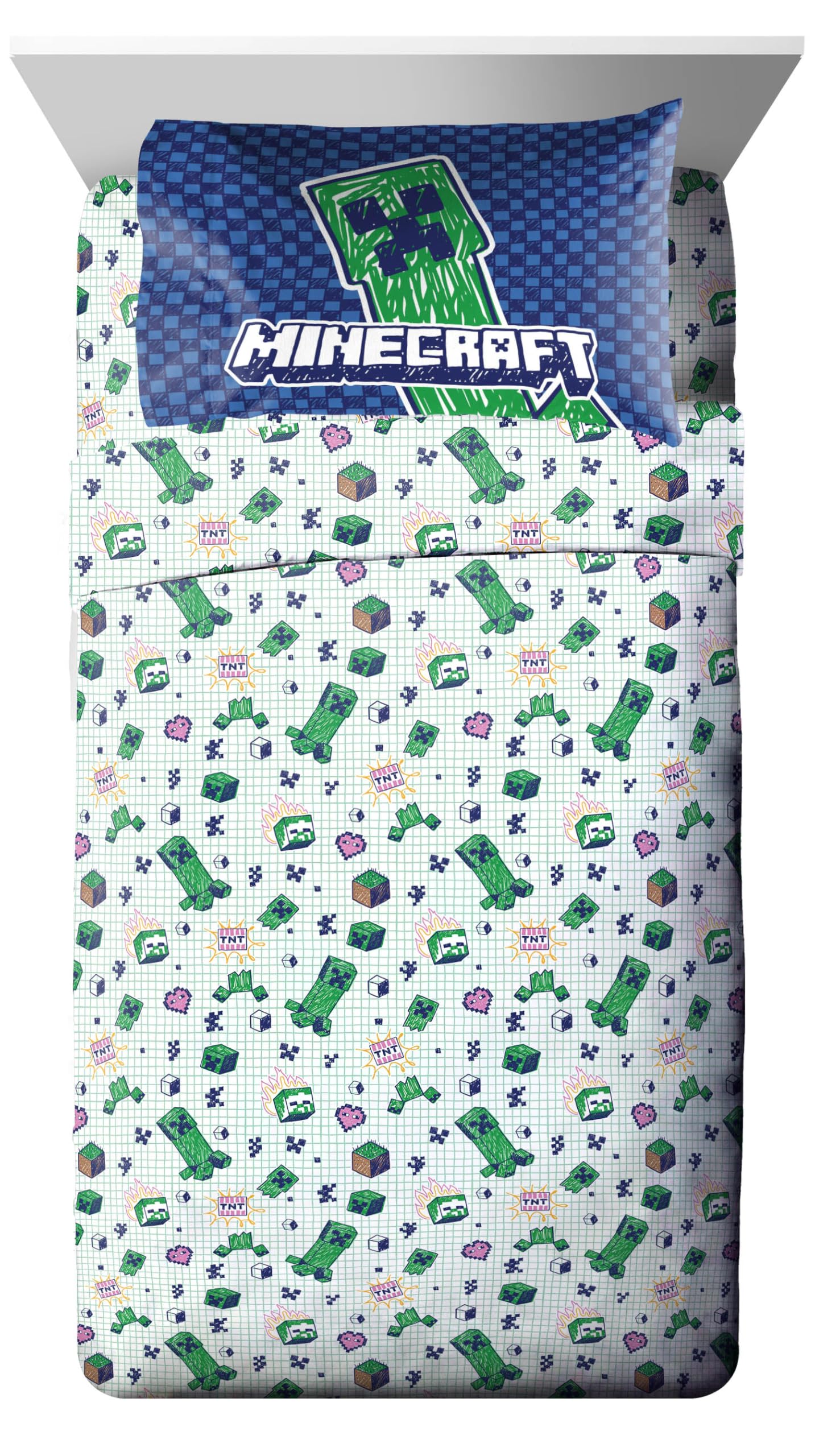 Jay Franco Kids Comforter Set Includes Sheets and Pillow Covers - Soft and Cozy Bed Set for Stylish Room Decor, Blue - Minecraft 02, 5 Piece Twin Bedding