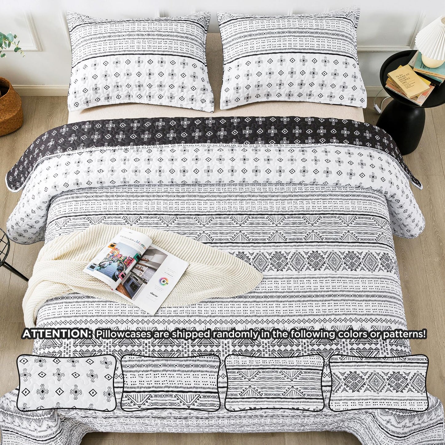 Andency Black White California King Quilt Set, 3 Pieces Boho Lightweight Soft Striped Cal King Bedspread for All Season (112"x104"), Printed Bohemian Polyester Reversible Coverlet Comforter Sets