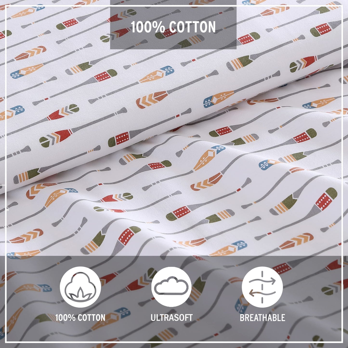 Eddie Bauer - Twin Sheet Set with Fitted Sheet & Pillowcase, 100% Cotton Percale Bedding, Crisp & Cool, Dorm Room Essentials, Canoe Lake Paddle White