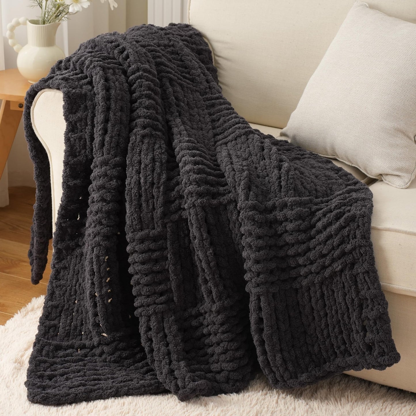 Bunnikins & Clover Dark Grey Throw Blanket for Couch, Chunky Knit Blanket Throw for Sofa & Home Decor, Soft and Cozy Charcoal Throw Blankets, 50"x60"