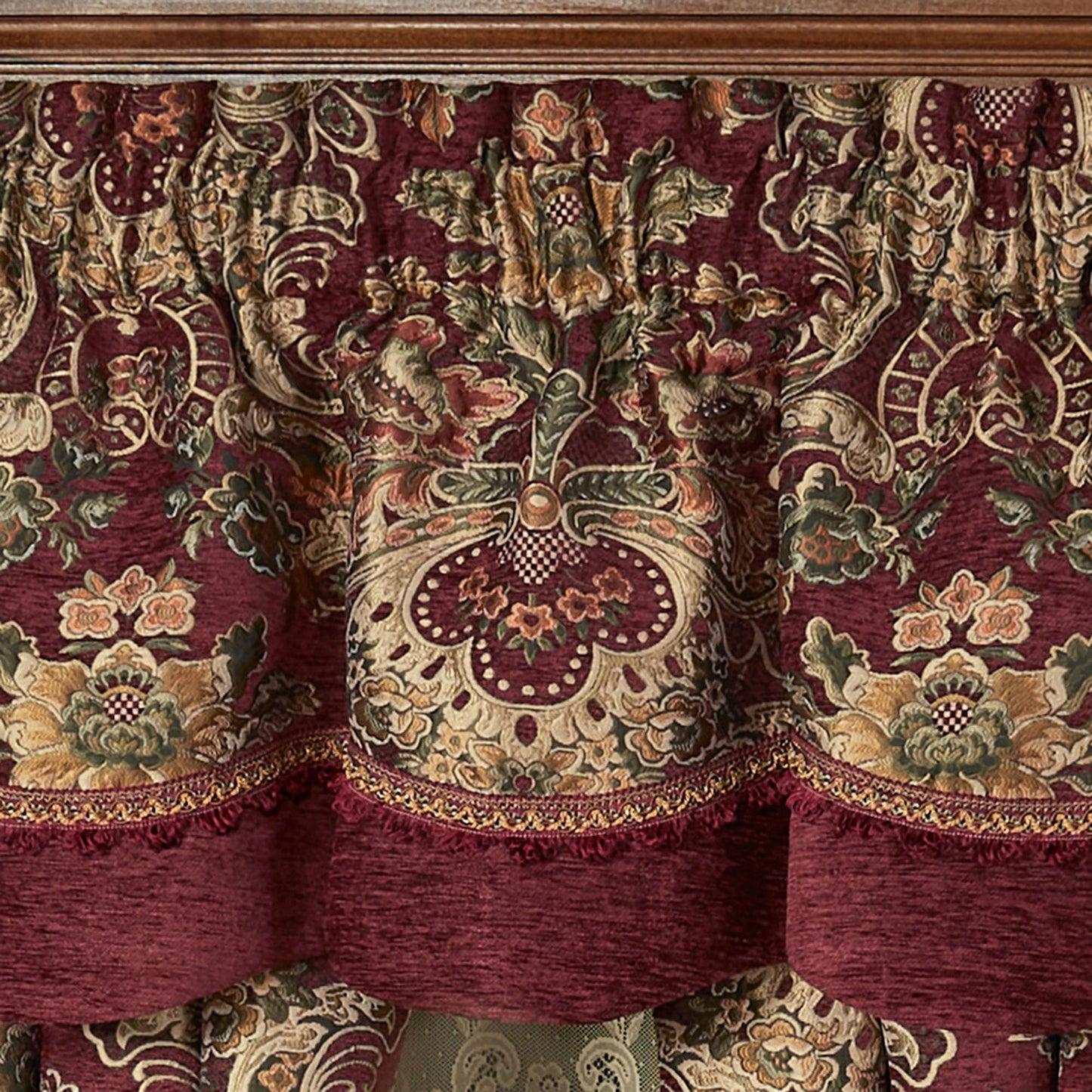 Tosca Chateau Traditional Luxury Window Treatment | Warm, Soft Burgundy Red Chenille | Colorful Woven Classic Jacobean Florals | Lined Window Drapery Set Includes Scalloped Valance & 84L Curtain Pair