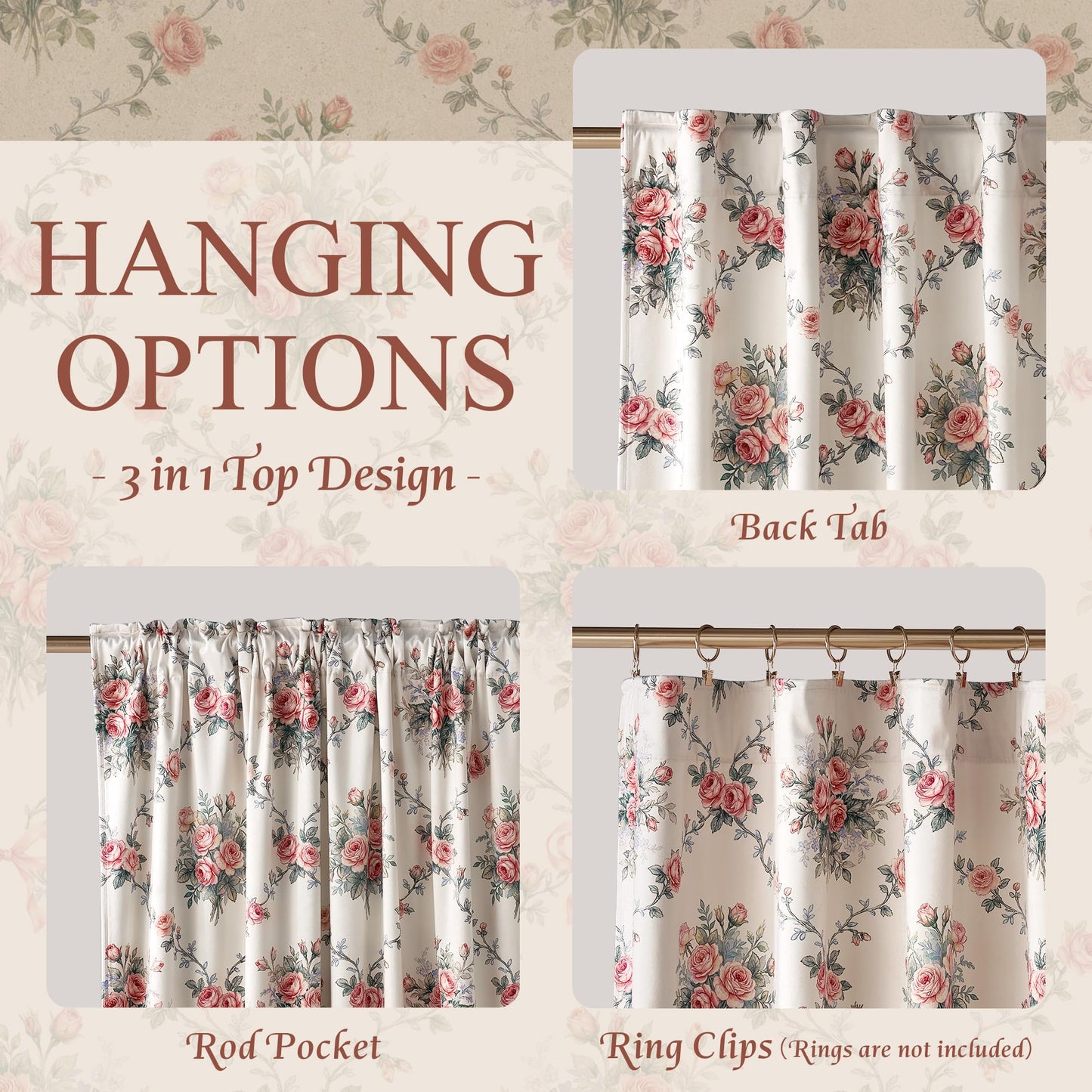 StangH French Country Rose Floral Velvet Curtains, Cream Shabby Chic Ribbon Bow Printed Window Drapes Romantic Privacy Panels for Girls Room Nursery, W52 x L84, 2 Panels