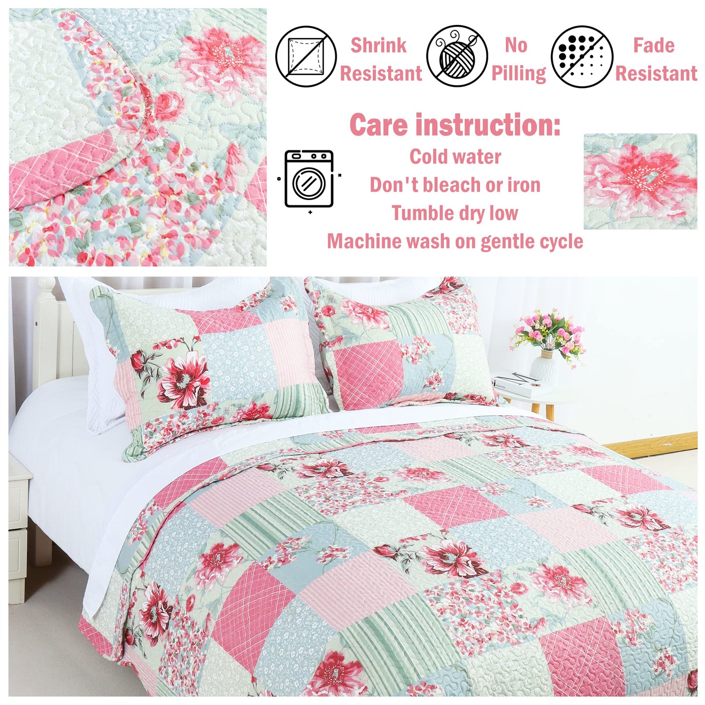 Cmfshape Summer Floral King Quilted Bedspread,Romantic Pink Quilt Set King,Reversible Stitched Bedding Set All Season,Soft Lightweight Coverlet with Pillow Cases (Pink&Grey, King102 x90)