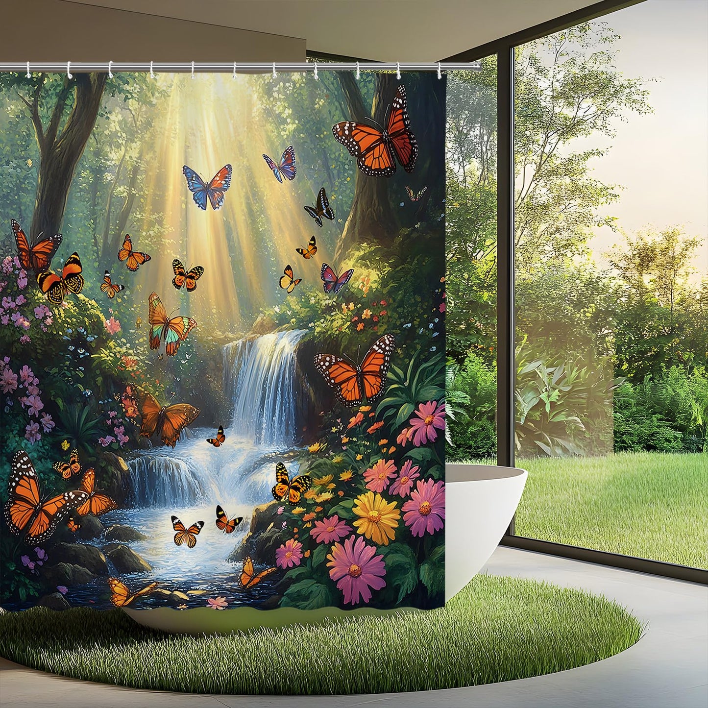 Forest Waterfall Shower Curtain Butterfly Spring Jungle Rainforest Wonderland Fantasy Tropical Fairy Tale World Flower Romantic Nature Bathroom Curtains Set Polyester Fabric with Hooks 70" W x 70" L
