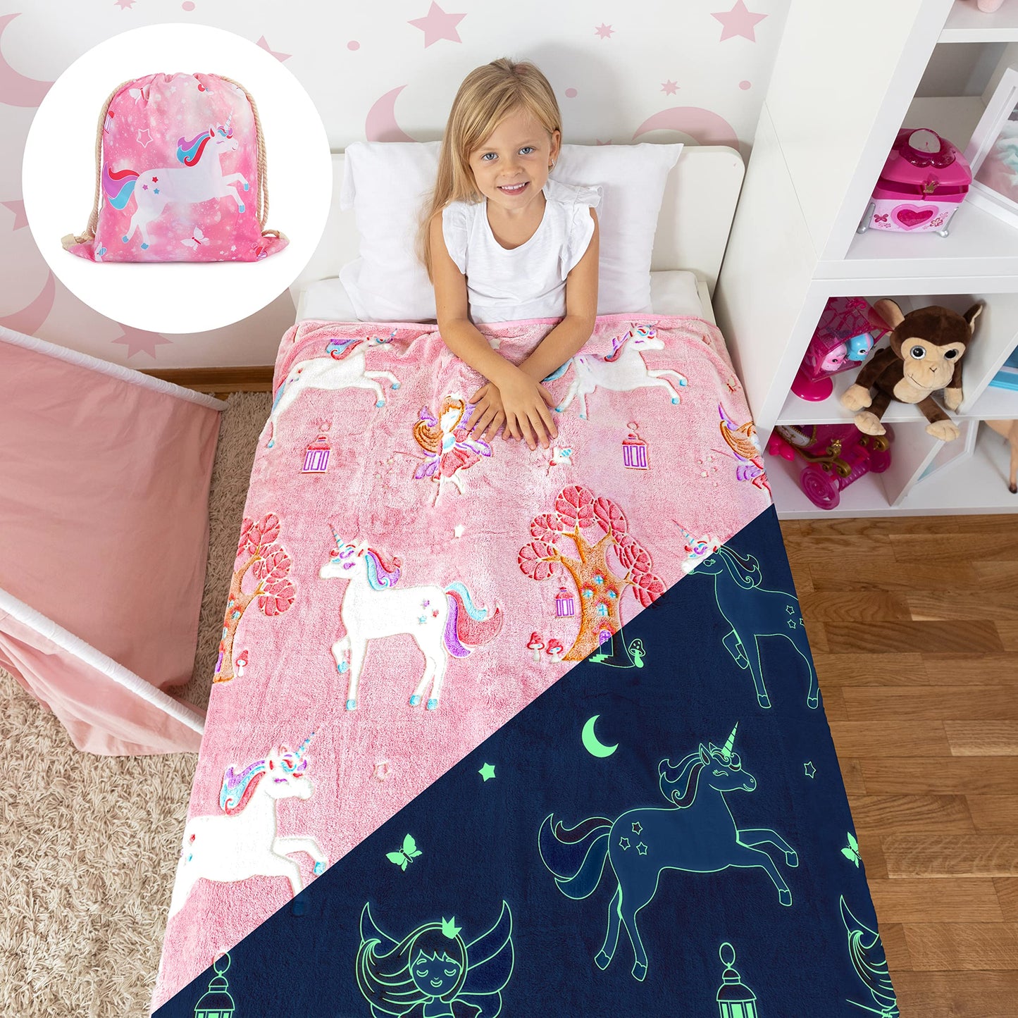 Glow in The Dark Unicorn Blanket for Girls β Soft Pink Fleece Throw. Great Christmas, Birthday, Baby, Toddler Unicorn Gifts for Girls, Fairy, Butterfly, Stars. Bright Long-Last Glow