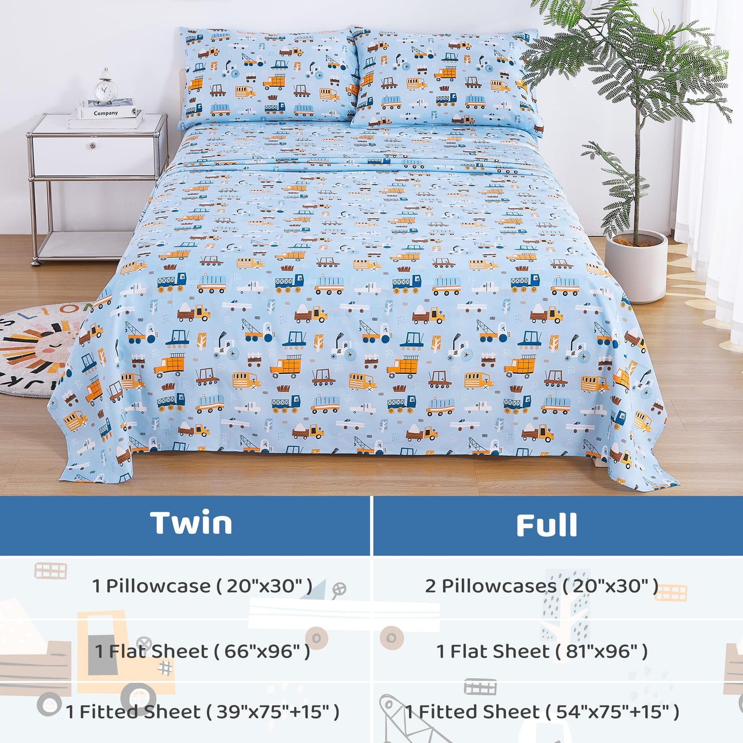 Viviland 3 Pieces Boys Blue Truck Twin Sheet Set - Soft Microfiber Fitted Flat Sheets & Pillowcase - Construction Truck Bedding Sets - for Kids & Toddlers