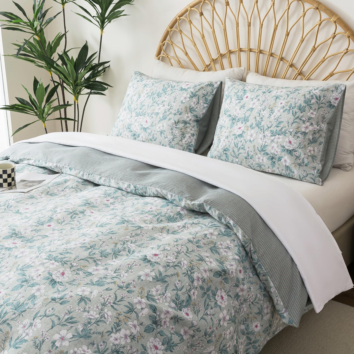 HoneiLife Botanical Duvet Cover King - 100% Cotton Comforter Cover 3-PC, Floral Bedlinen Set with Zipper Closure & Corner Ties, Wildflower Comforter Cover Sets, Greenery