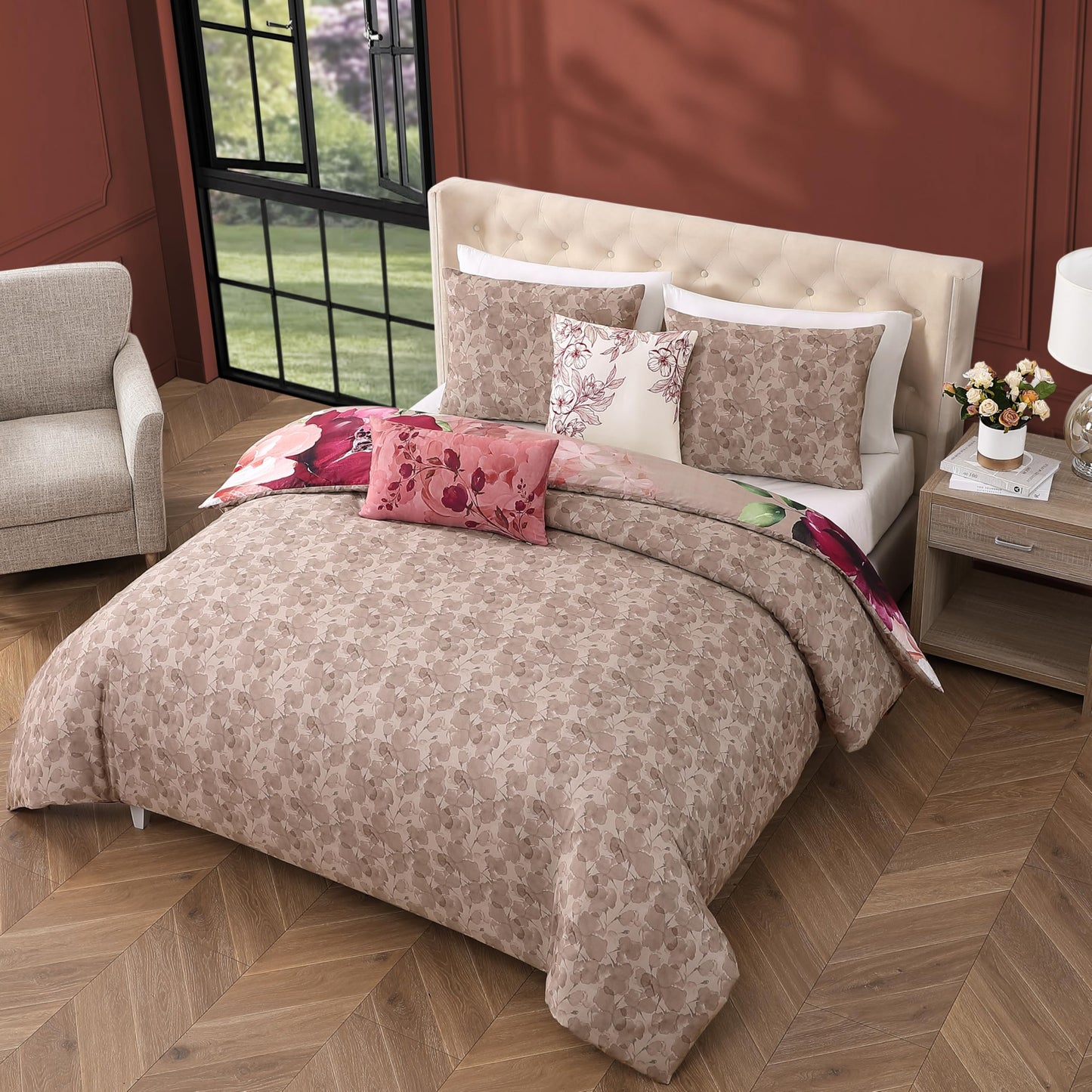 Bebejan Florence King Size Comforter Set - 5 Piece Reversible Bedding Set, 100% Cotton Sateen, Soft & Smooth - All Season Luxury King Comforter Set 1 Comforter, 2 Shams & 2 Pillows (King/Cal King)