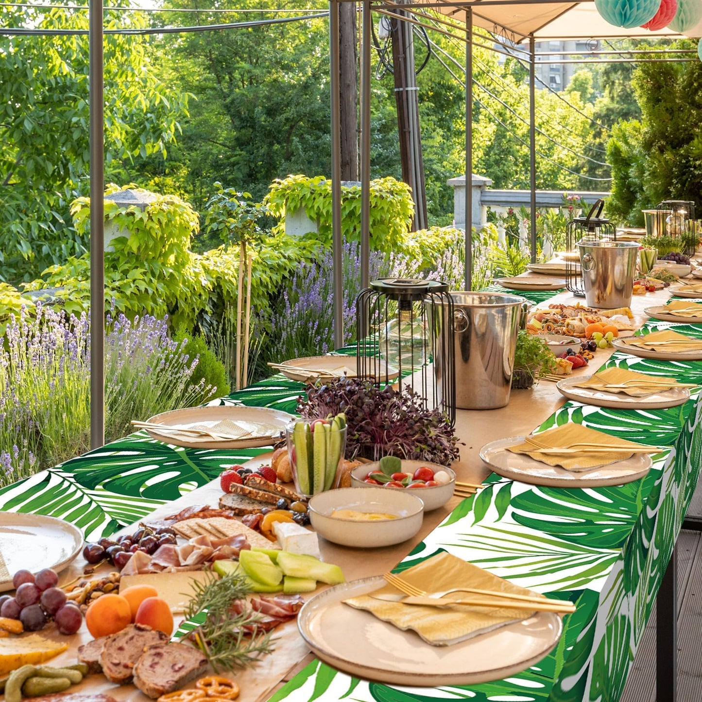 Kochorie 100 Ft x 54 Inch Palm Leaves Tablecloth Roll with Cutting Box Hawaiian Luau Tablecloths Disposable Aloha Tropical Table Cover Backdrop for Hawaii Birthday Summer Beach Tropical Party Supplies