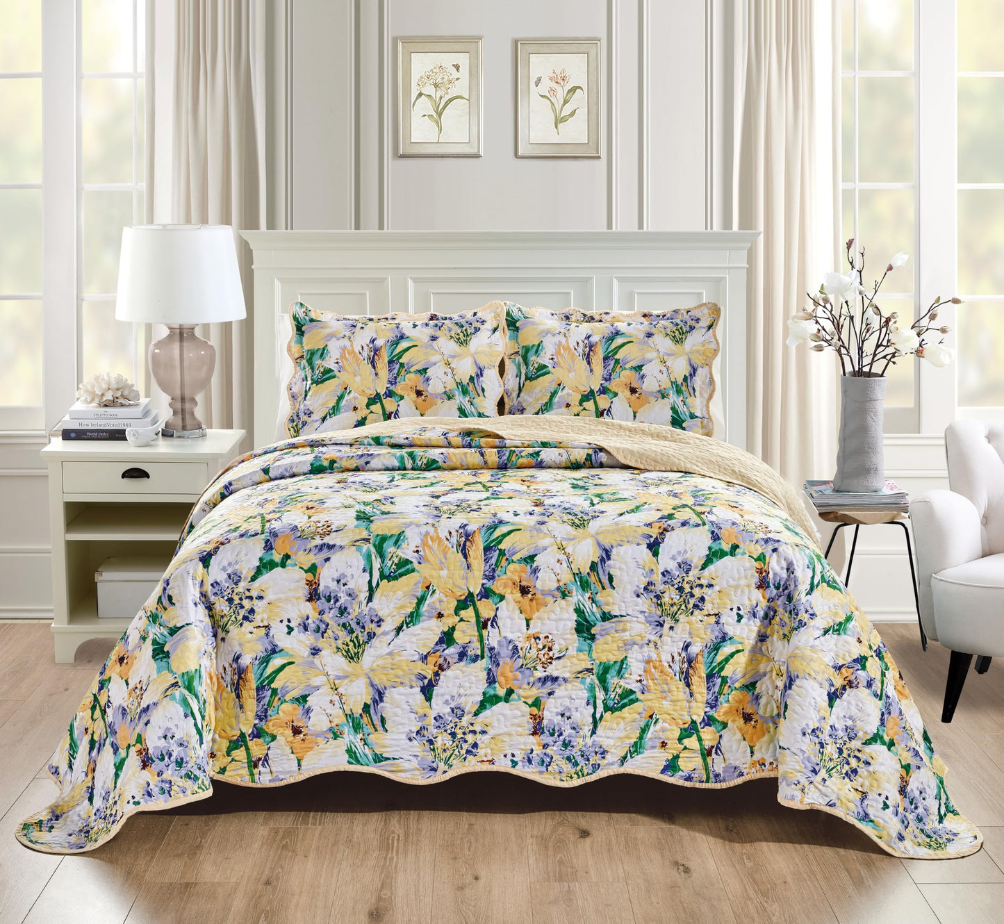 Grand Linen 3-Piece King Size Wave Edged Oversized Quilt Set 120 inch X 106 inch All Seasons Large Bedspread, Pillow Shams Lightweight Soft Coverlet Beige Purple Green Colors Bed Cover Floral Pattern