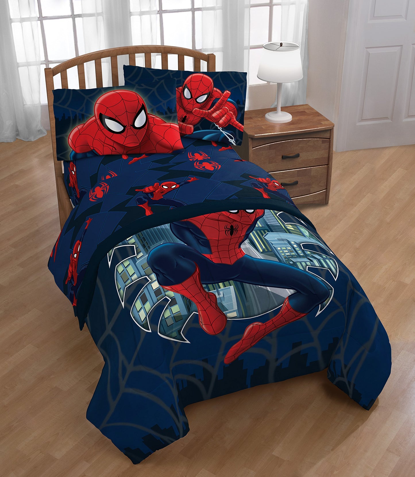 Jay Franco Kids Sheet Set with Fitted, Flat Sheets & Pillow Cover - Ultra-Soft Bedding with Pillowcase for Room Decor, Blue - Spiderman, 4 Piece Full