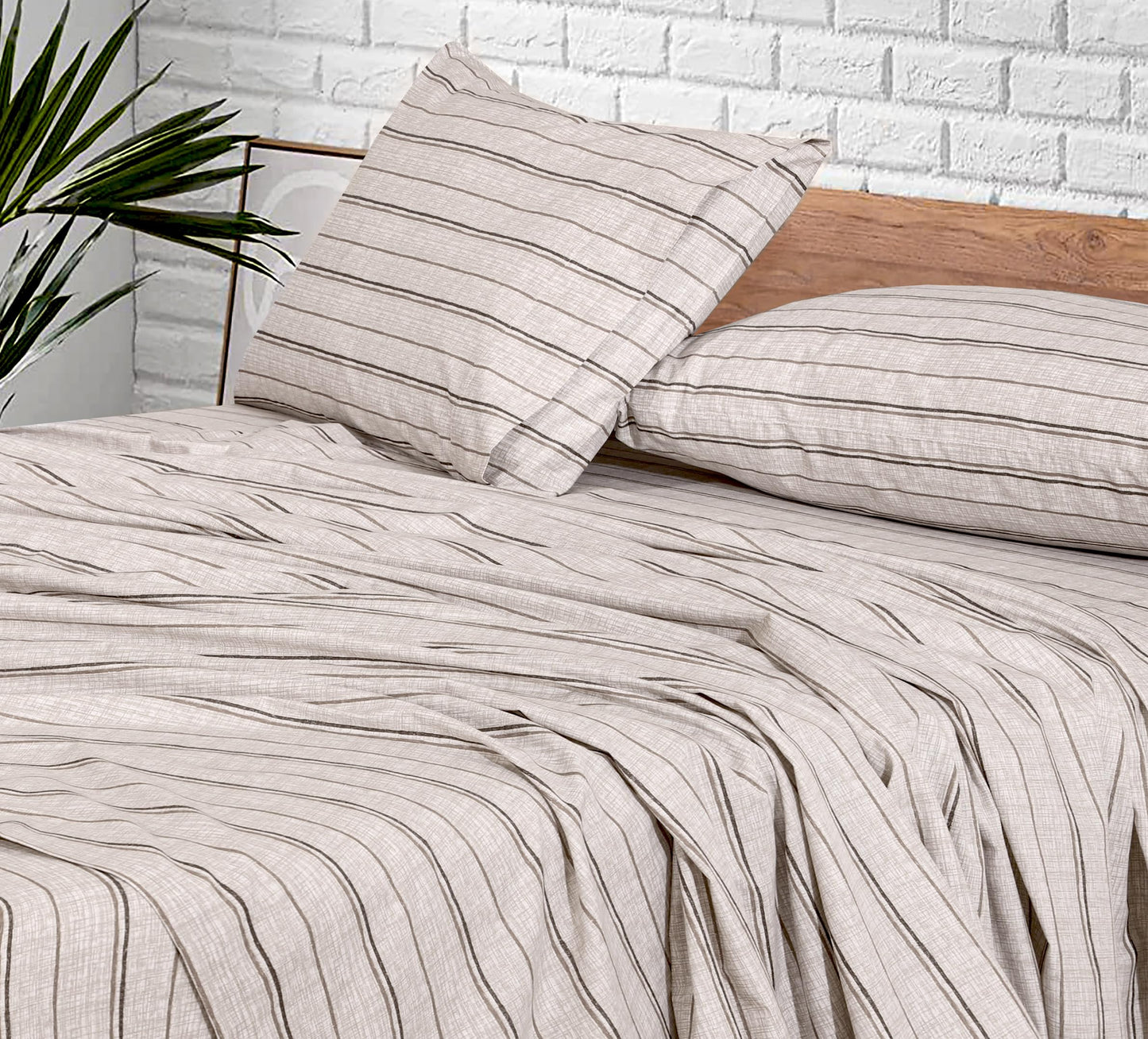 RUVANTI 100% Cotton Percale Sheets, Full Size, Brown Stripes